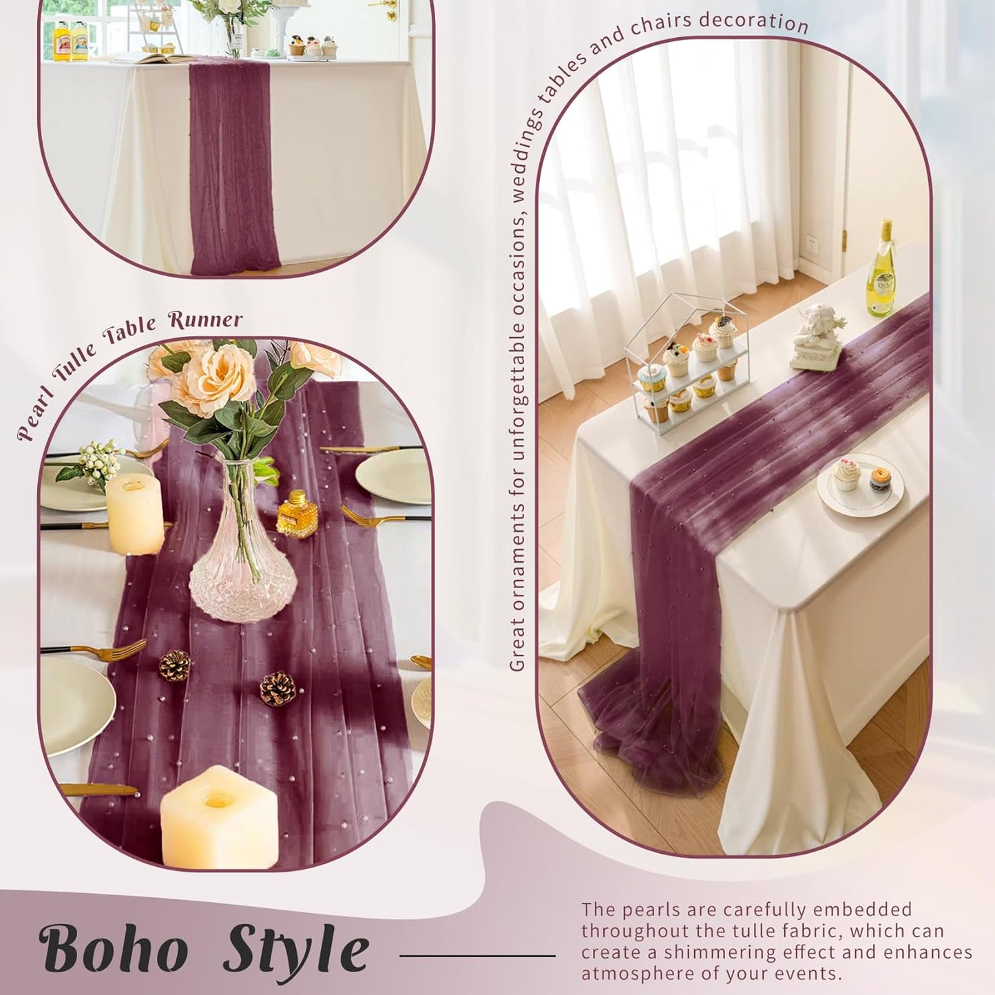 Pearl Table Runner 29 x 120 Inch Tulle Fabric Lace Table Runners Boho Rustic Tablecloth for Bridal Shower Birthday Party Wedding Arch Aisle Veil Dessert Table Decor(1 Pack, Burgundy)