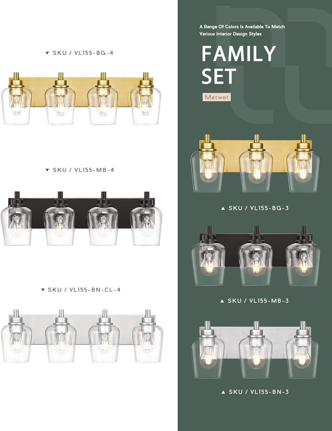 Bathroom Light Fixtures, 4-Light Modern Vanity Light with Clear Glass Wine Glass-Shaped Shade, Vanity Lighting Fixtures Over Mirror, Matte Black, VL155-MB-4