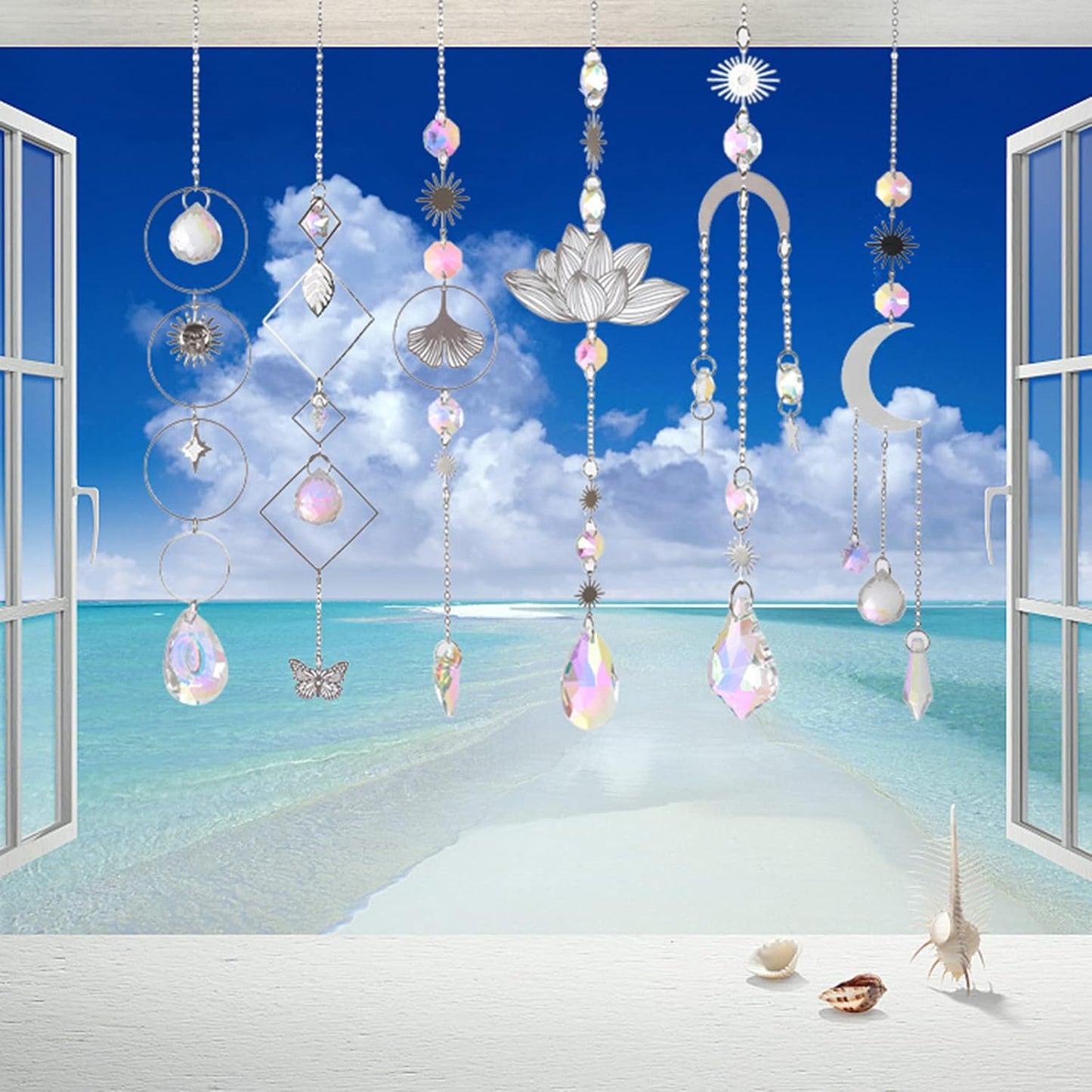 Sun Catchers, 6 Pieces Colorful Suncatchers Decorative Hanging Clear Crystal Prism Rainbow with Silver Moon Sun Metal Forms Suncatcher Kit for Window Indoor Outdoor Car Mirror Decor Xmas Gift