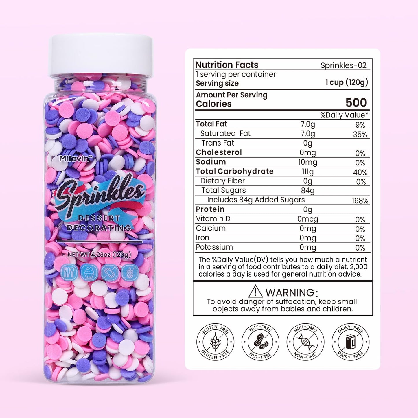 Edible Confetti Sprinkles for Cake Decorating, Round Sprinkles, Purple, Pink and White Sprinkles for Baking, Cupcakes, Macarons, Ice Cream Topping, Waffles, and Cookies(120g/4.23oz)