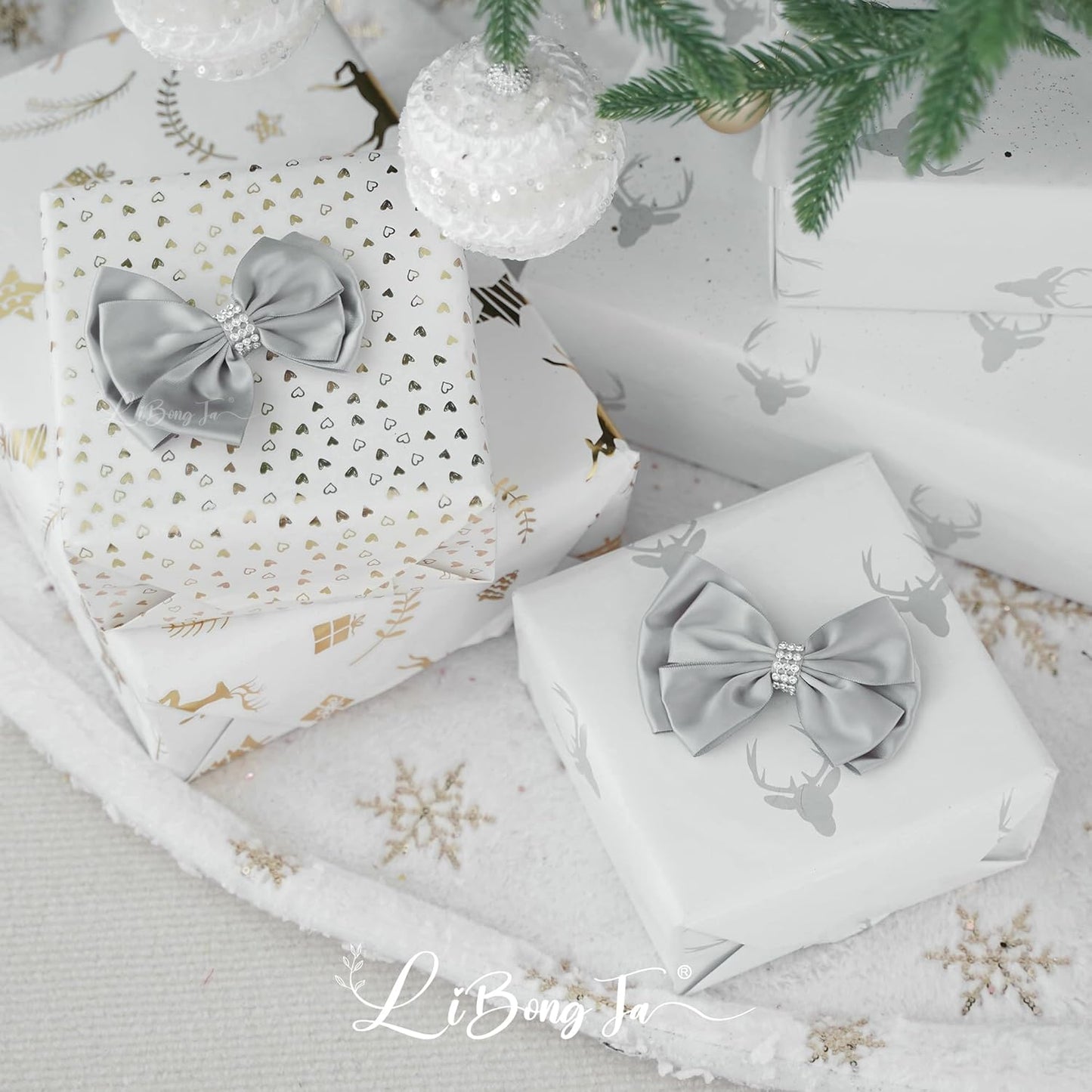 Silver Satin Bows 4'' Premade Ribbon Bow, Silver Gift Bows with Rhinestone, Wrapping Bows for Presents, Greeting Cards, Treat Bags, Wine Bottles, Valentines Bows for Gift Wrapping-12 Counts