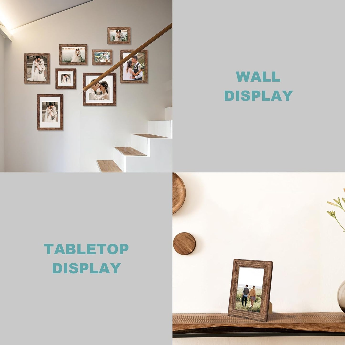 6x9 Picture Frame Set of 4, High Definition Real Glass Rustic Wood Frame, 6 x 9 Photo Frames for Tabletop Display and Wall Mounting