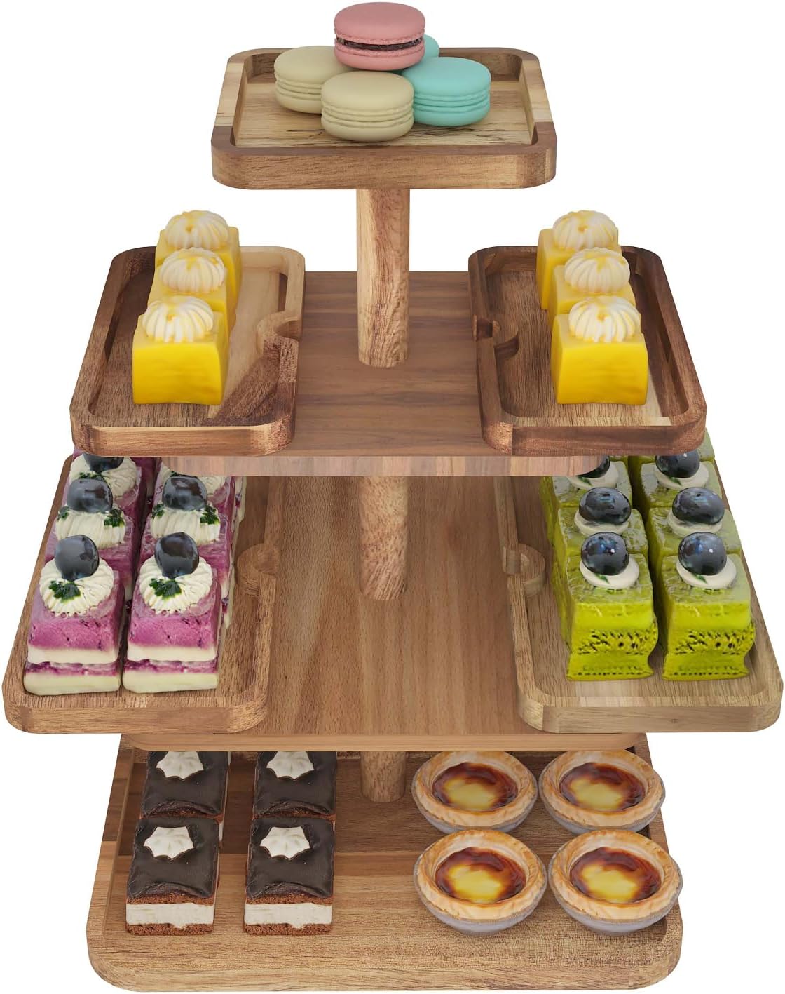 Acacia Wood 4 Tier Cupcake Stand with 4 Removable Snack Tray, Rustic Square Cup Cake Tower Stand for 50 Cupcakes, Display Cakestand for Wedding, Birthday, Serving Tea Party, Natural