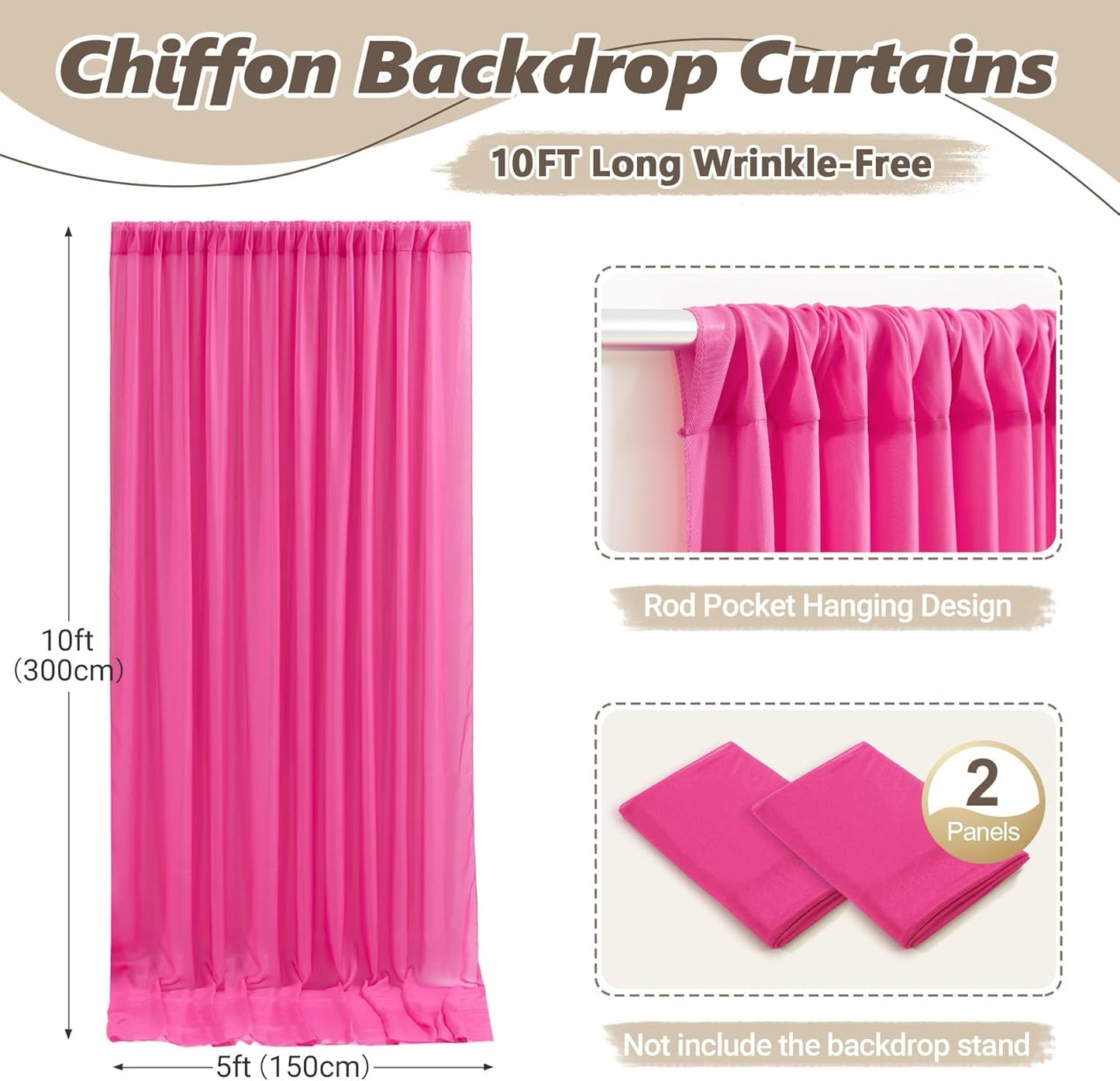 10ft x 10ft Hot Pink Backdrop Curtains, Wrinkle-Free Sheer Chiffon Fabric Photo Backdrop Drapes for Wedding Arch Party Ceremony Stage Photography Decorations