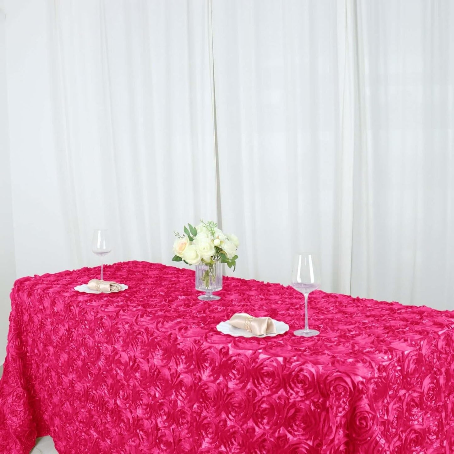 Efavormart 90"x132" Wholesale Rectangle Table Cover Fushia Grandiose Rosette 3D Satin Tablecloth for Wedding Party Event