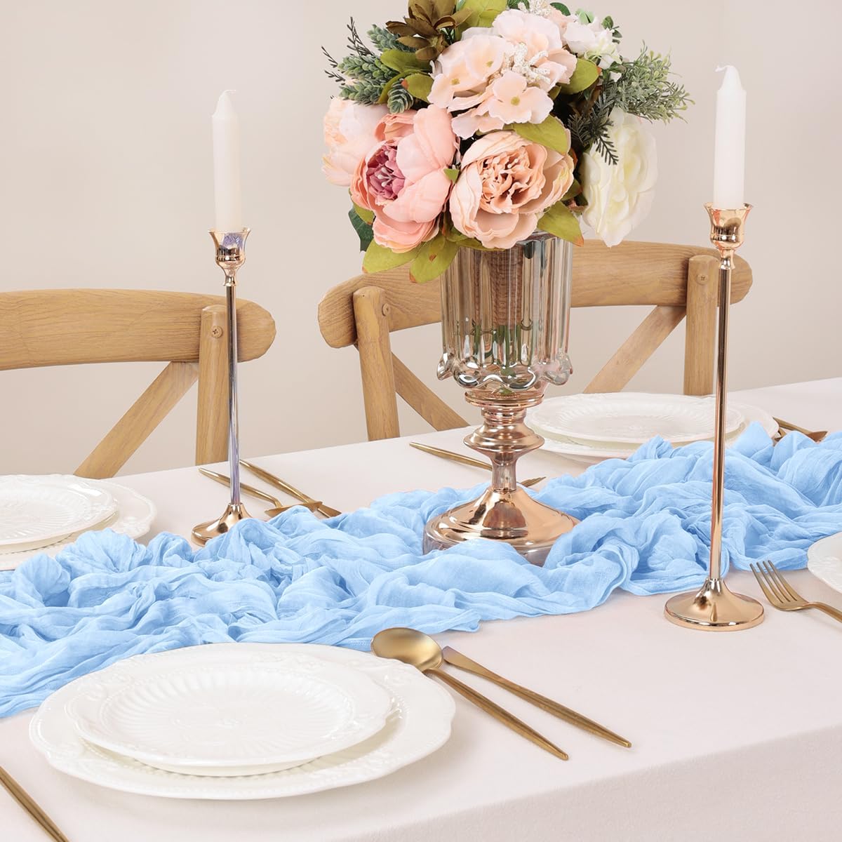 Light Blue Table Runner Cheesecloth Table Runner 14FT Farmhouse Table Runners 160 Inches Fall Table Decor Dining Room Centerpiece Wedding Boho Baby Shower Birthday