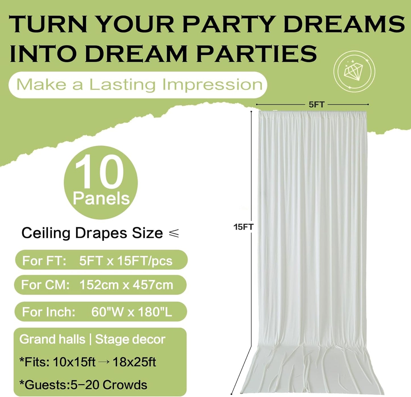 PartyVillage 50ft×15ft Ivory Backdrop Curtain for Wedding Parties, 10 Panels Wrinkle Free 15 FT Long Polyester Photo Backdrop Drapes Back Drop Cloth for Birthday Photography Background