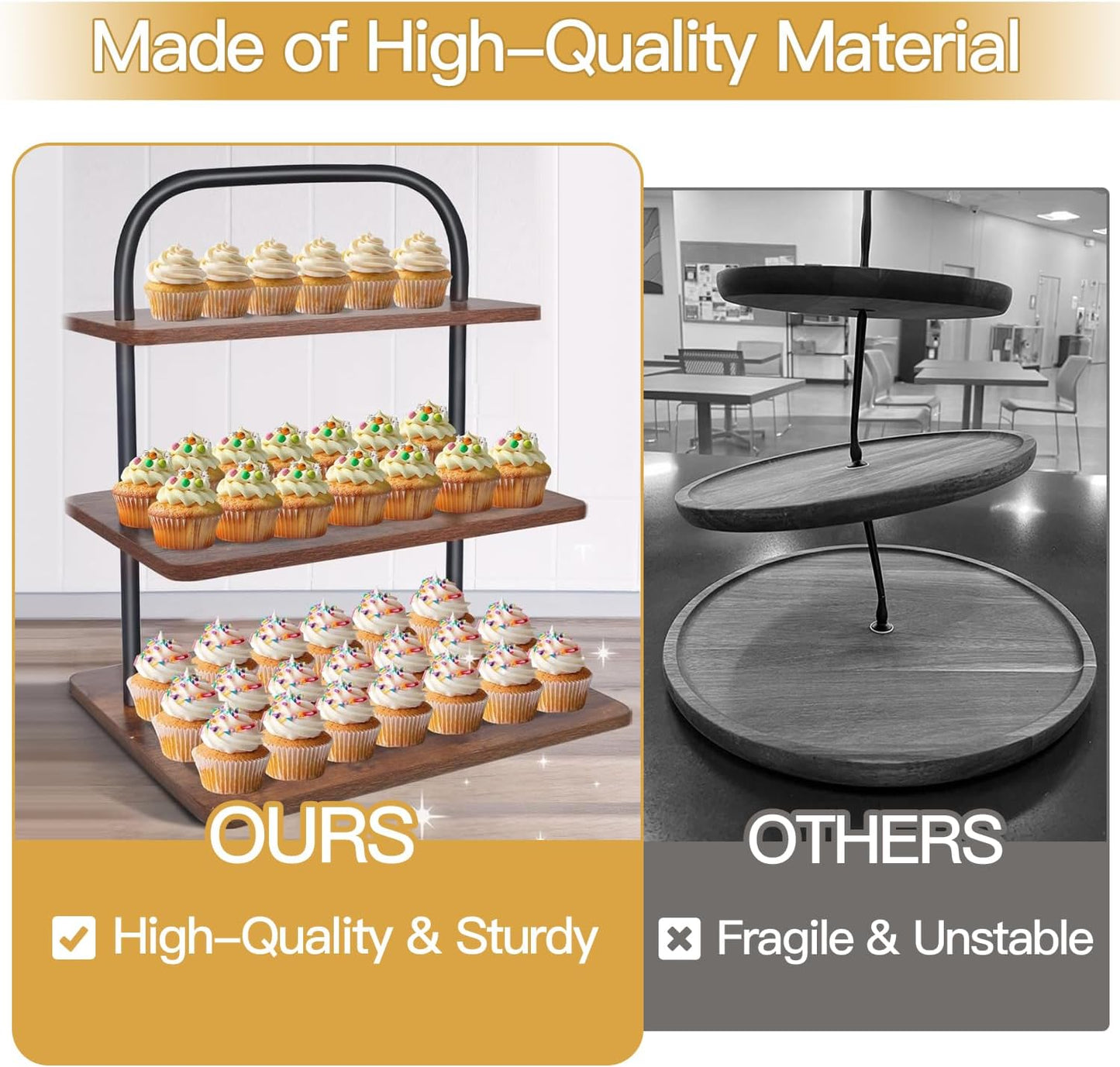 Cupcake Stand, 3 Tier Large Cupcake Stand for 50 Cupcakes Rustic Cupcake Display Stand Square Wood Dessert Table Display Set Cupcake Tower Tiered Tray Stand for Wedding Birthday Graduation