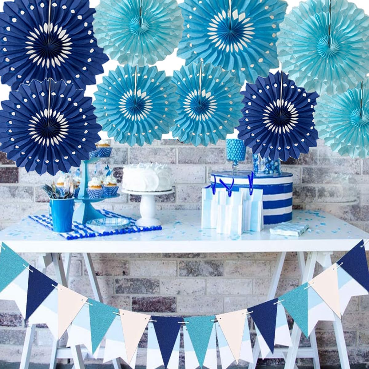 15pcs 6'' 8'' 10'' Paper Fans Set - Blue Tissue Paper Fans Decor for Party, Birthday, Wedding Events