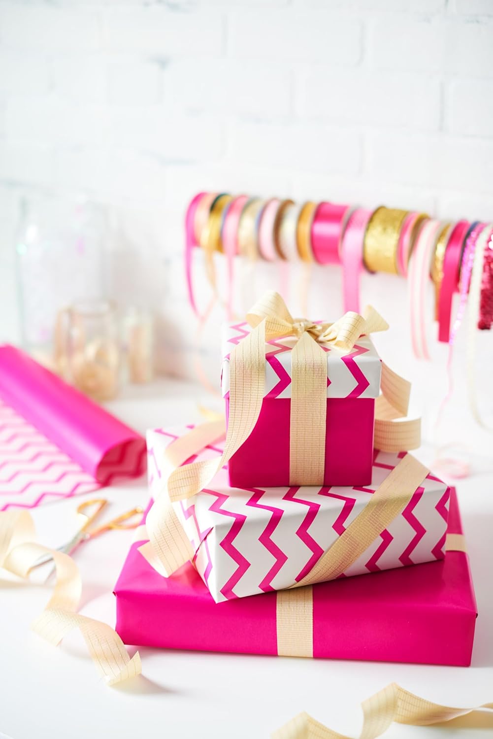 American Greetings Reversible Wrapping Paper Jumbo Roll for All Occasions, Pink and Chevron (1 Jumbo Roll, 175 sq. ft.)