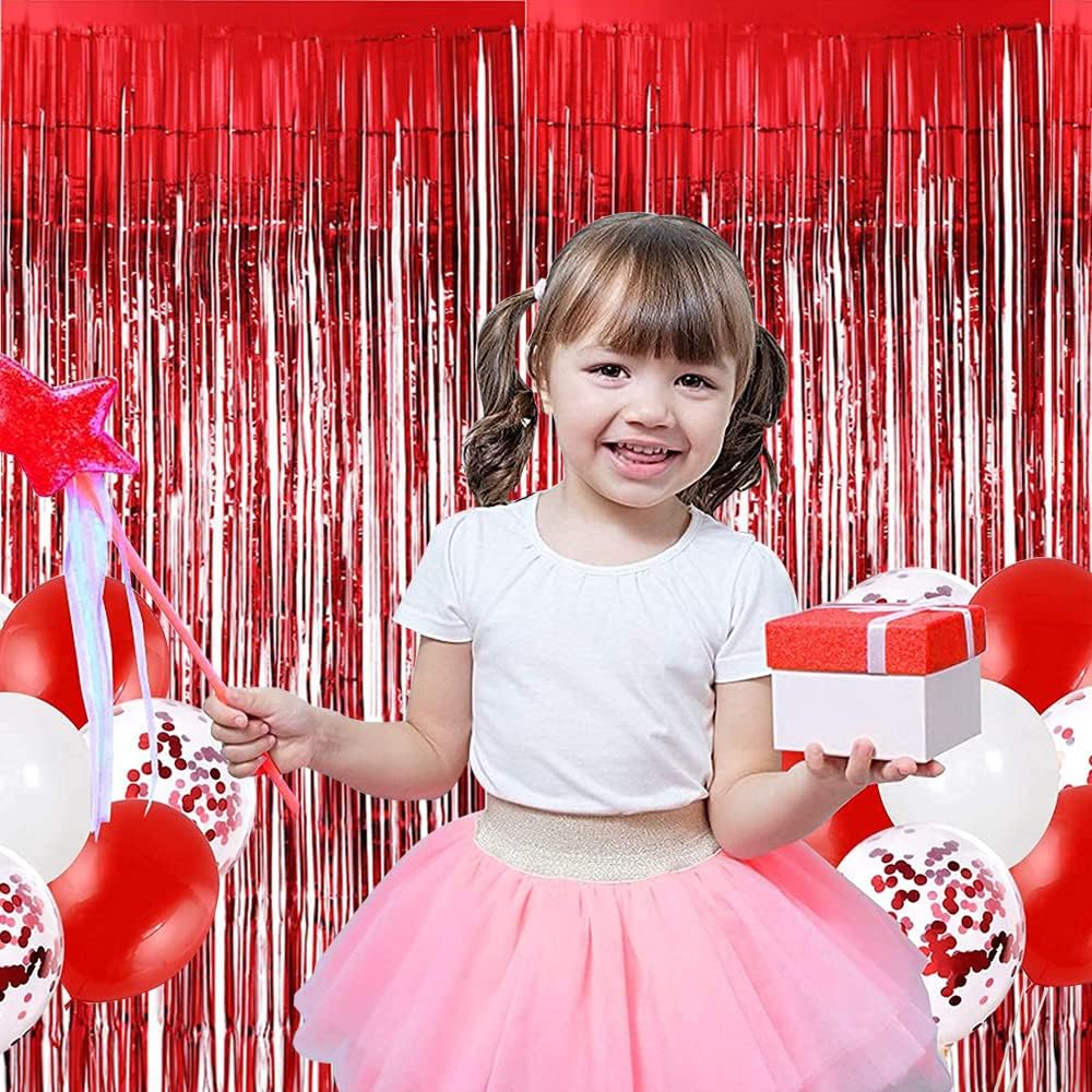 BEISHIDA 4 Pcs Red Door Streamers Tinsel Curtain Party Streamers Backdrop Fringe Foil Wall Background for Birthday Valentine's Day Christmas Wedding Party Decoration(3.28 ft x 6.56 ft)