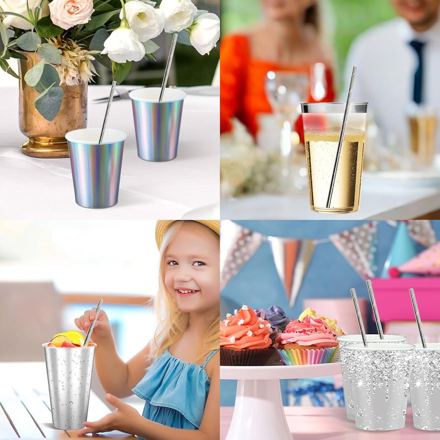 7.75" x 0.24" Silver Disposable Paper Drinking Straws for Cocktails, Party, Wedding, Bars, Restaurants, 100 Counts