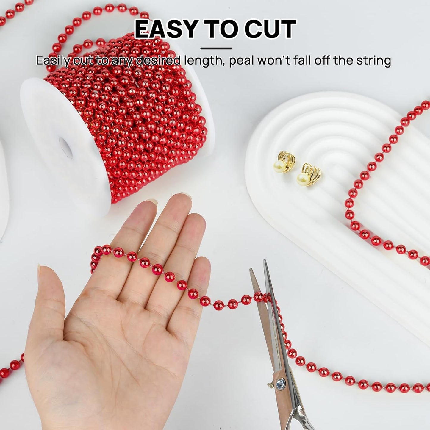 Craft String Pearls 6MM Pearl Bead, 66 Feet Red Faux Pearl Garland Spool Roll Strand Wedding Party Decoration, Christmas Tree Decorations