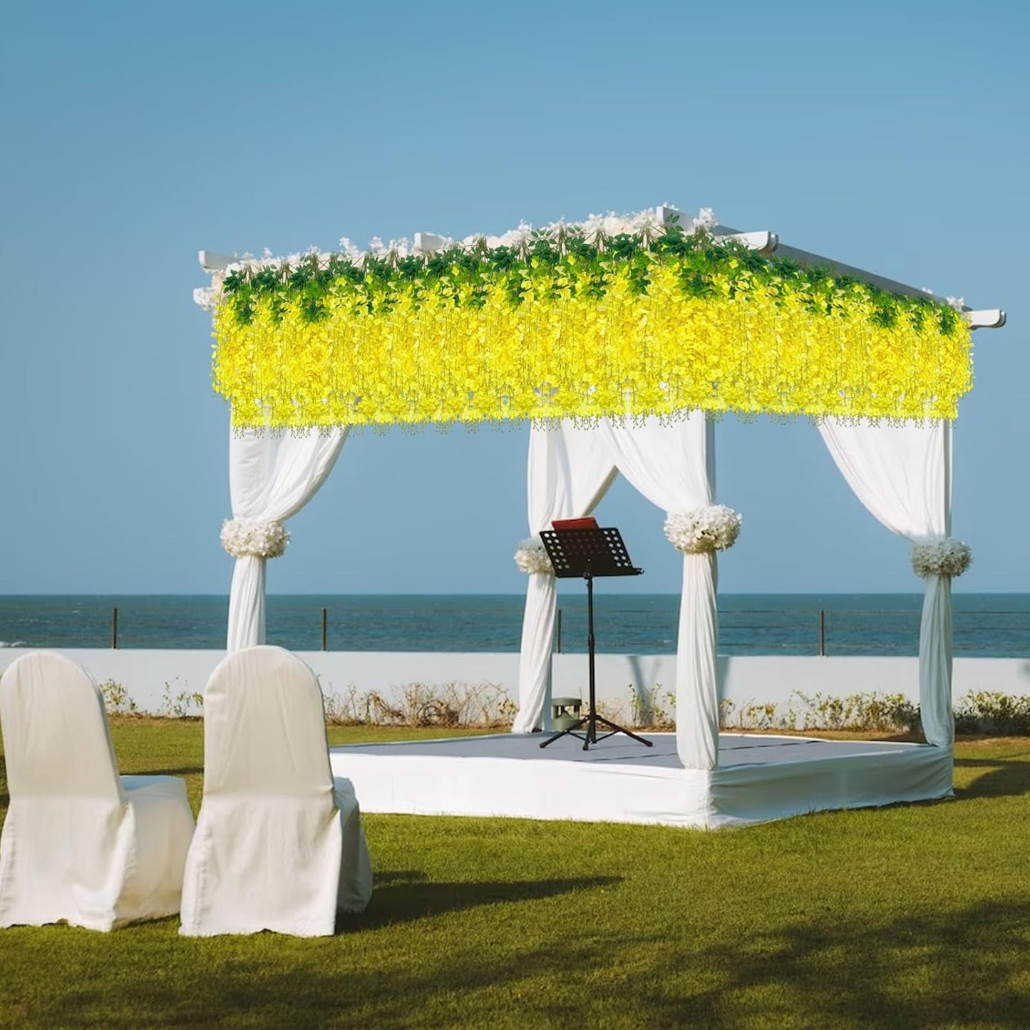 12 Pack Yellow Wisteria Hanging Flowers Garland with Lights, 3.44 Feet Artificial Flower Vines, Fake Wisteria, Artificial Vines Hanging Garland for Backdrop Outdoor Patio Garden Decor