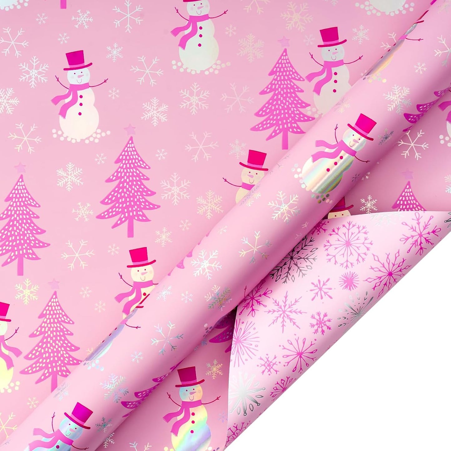 LeZakaa Christmas Pink Wrapping Paper Jumbo Roll, Snowman Christmas Tree & Snowflake Metallic Foil, Rose Gold Foil Reversible Design for Festive Winter Holiday, Family Gathering, 30 inches x 32.8 Feet
