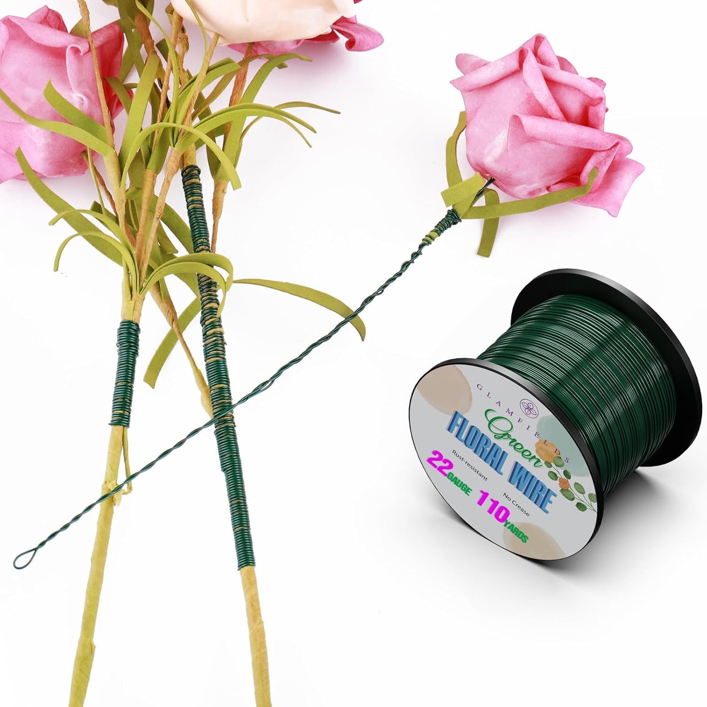 GLAMFIELDS 22 Gauge Floral Wire, 110 Yards Christmas Wire Wreath Wire Green Flexible Paddle Florist Wire for Flower, Crafts, Christmas Wreaths Tree, Wreath Frame, Garland, and Floral Arrangements