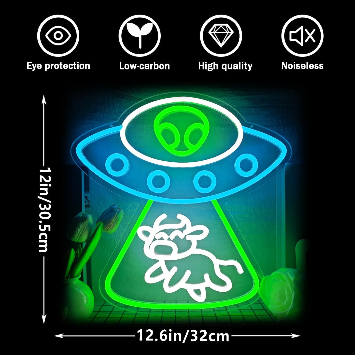 Alien Neon Sign Dimmable UFO Neon Signs for Wall Decor Bedroom Man Cave Alien Spaceship Cow Neon Sign for Kids Birthday Gift