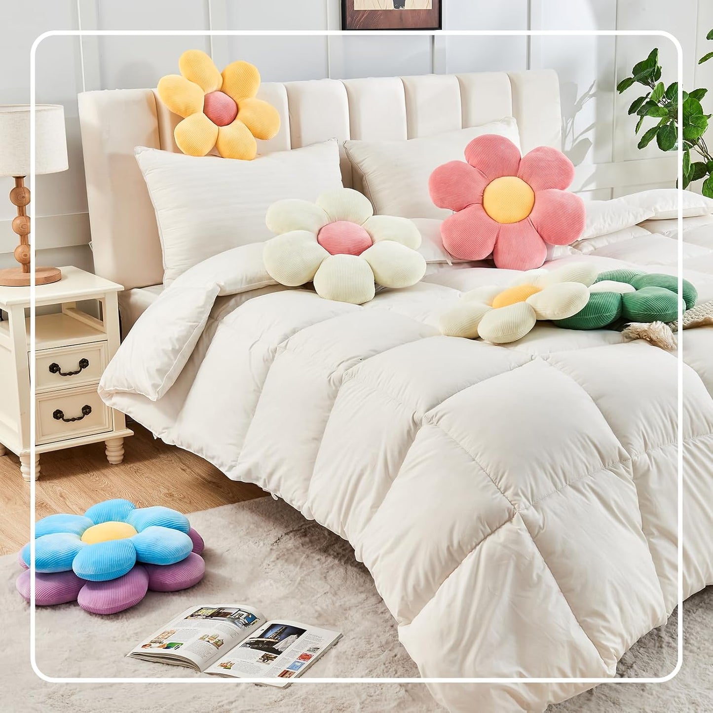 White Yellow Flower Pillow, 19.6" Cute Flower Shaped Floor Pillow, Aesthetic Floral Plush Daisy Decorative Throw Pillows for Bed Sofa Couch