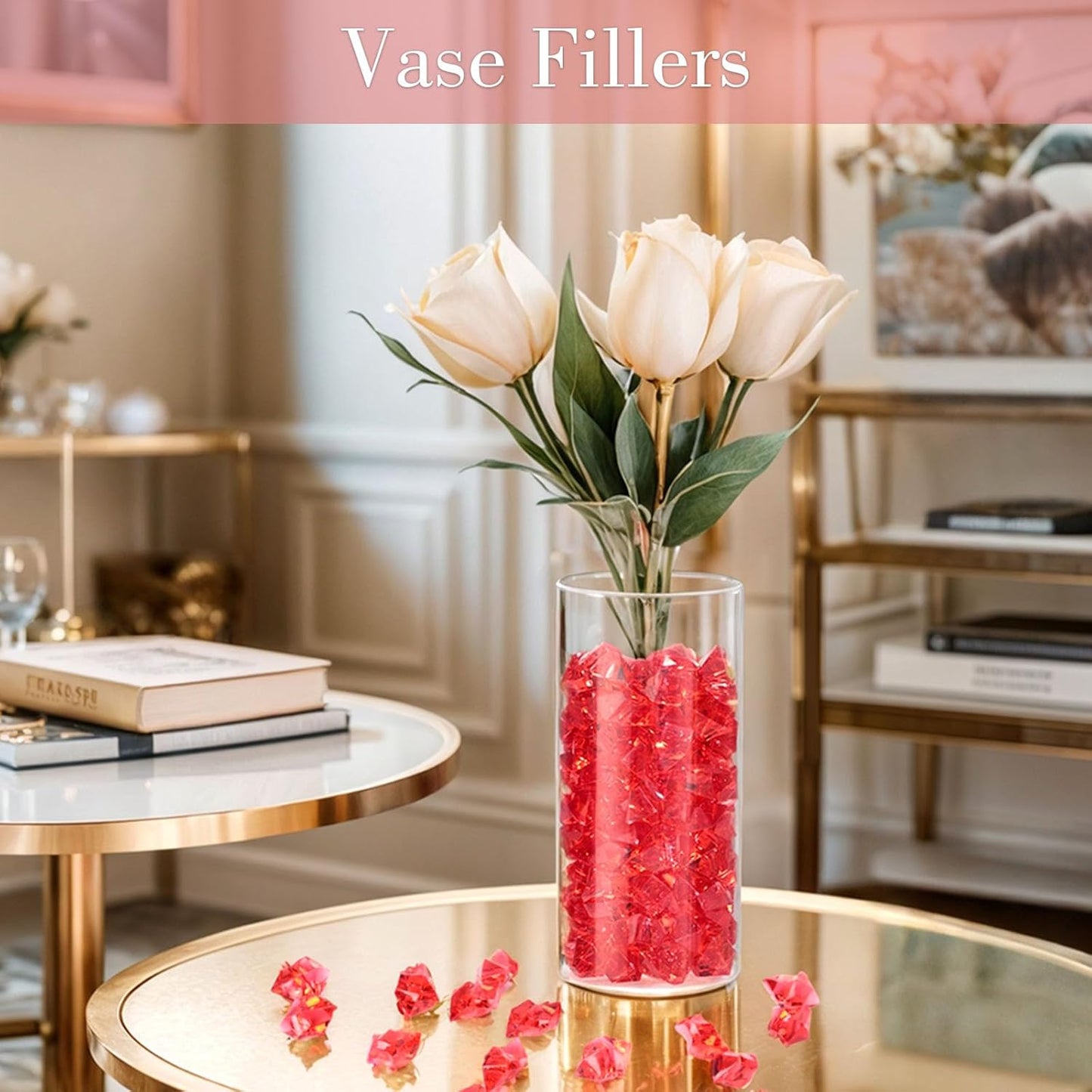 DomeStar Red Fake Ice Rocks, 150PCS Acrylic Gems Crystals Plastic Diamonds Centerpiece for Vase Fillers Wedding Party Table Scatter Decorations