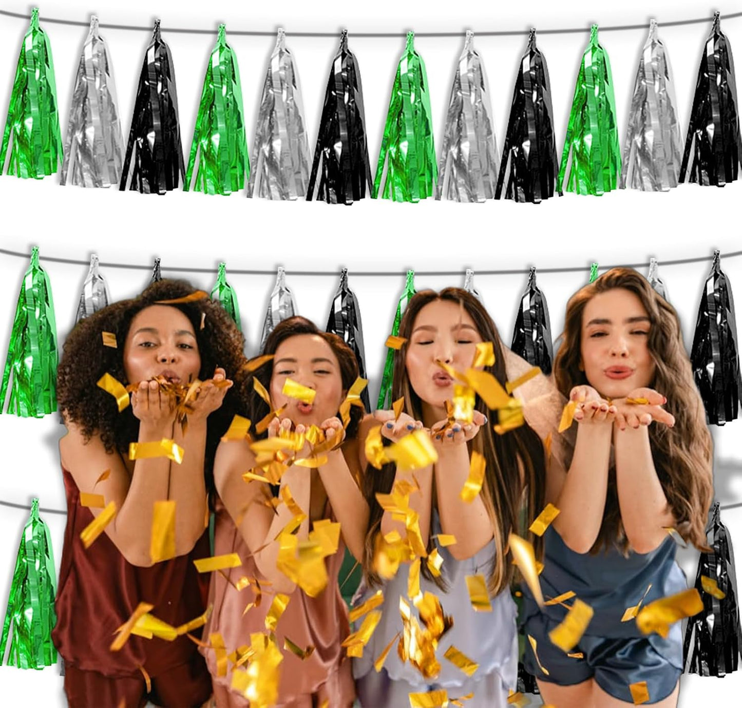 3P Black Silver Green Metallic Fringe Tassel Banner Garland Foil Tinsel Streamer Wall Hanging Curtain Backdrop Banner for Parade Floats, Graduation Decorations, Halloween, Christmas Decorations