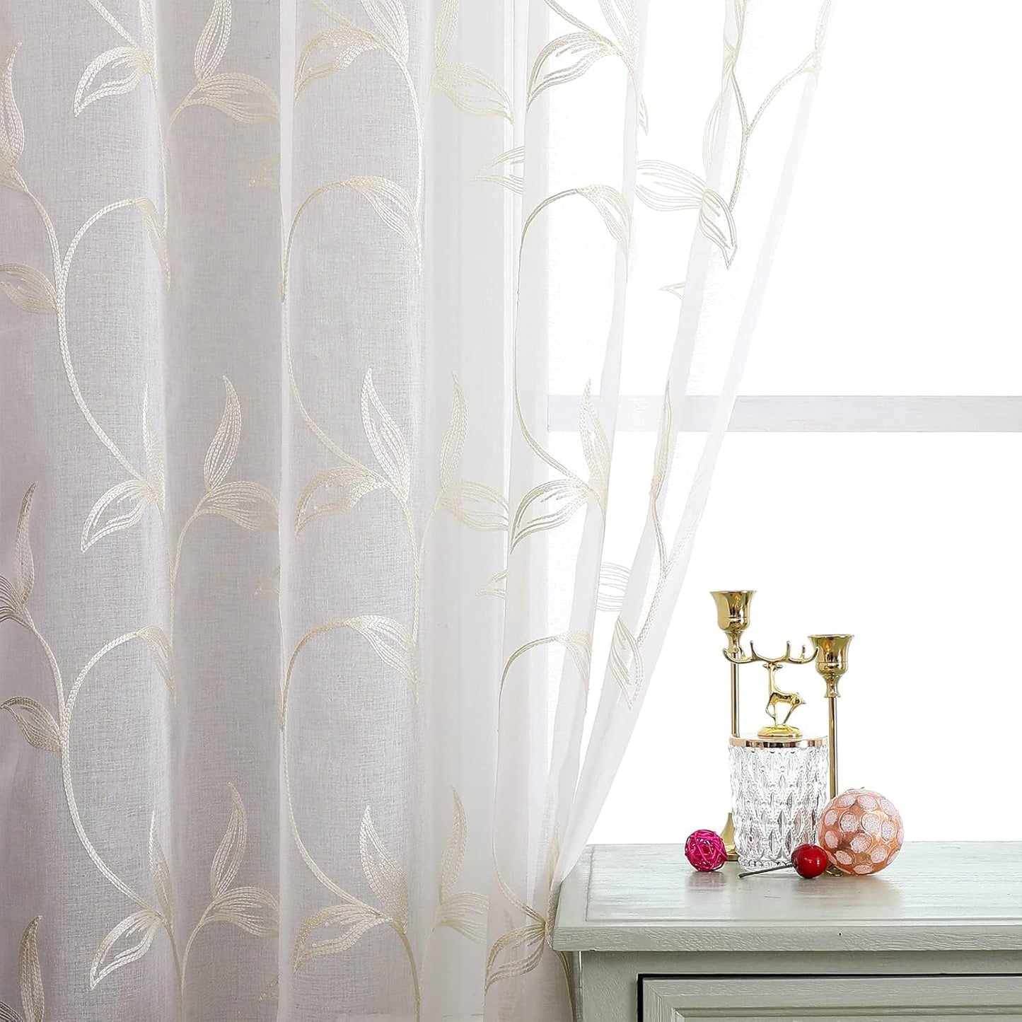 VISIONTEX Sheer Curtains 54 inch Length 2 Panels Set, White Voile Crushed Cream Vine Leaves Embroidery, Rod Pocket Embroidered Window Drapes for Living Room and Bedroom, 54" x 54"