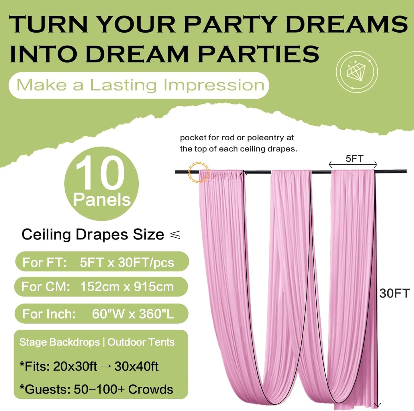 PartyVillage 10 Panels 5ftx30ft Baby Pink Ceiling Drapes for Wedding Parties â 30 FT Extra Long Thick Polyester Wrinkle-Free Drapery Tent Decor Decorations for Birthday Party Ceremony Stage Swag