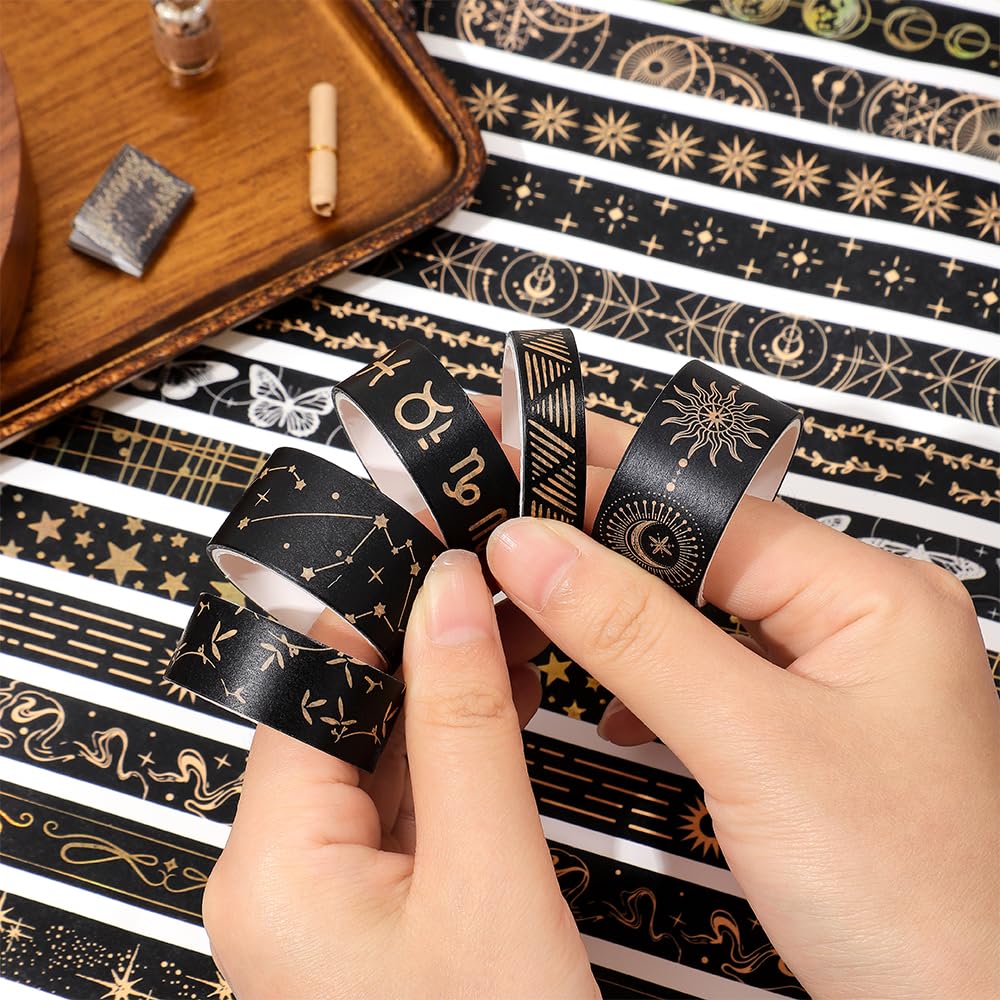 36 Rolls Glow-in-The-Dark Starry Washi Tape Set with Gold Foil Celestial Patterns - Writeable Decorative Tapes for Scrapbooking, Bible Journaling, Bullet Journals 0.6" x 79" per Roll