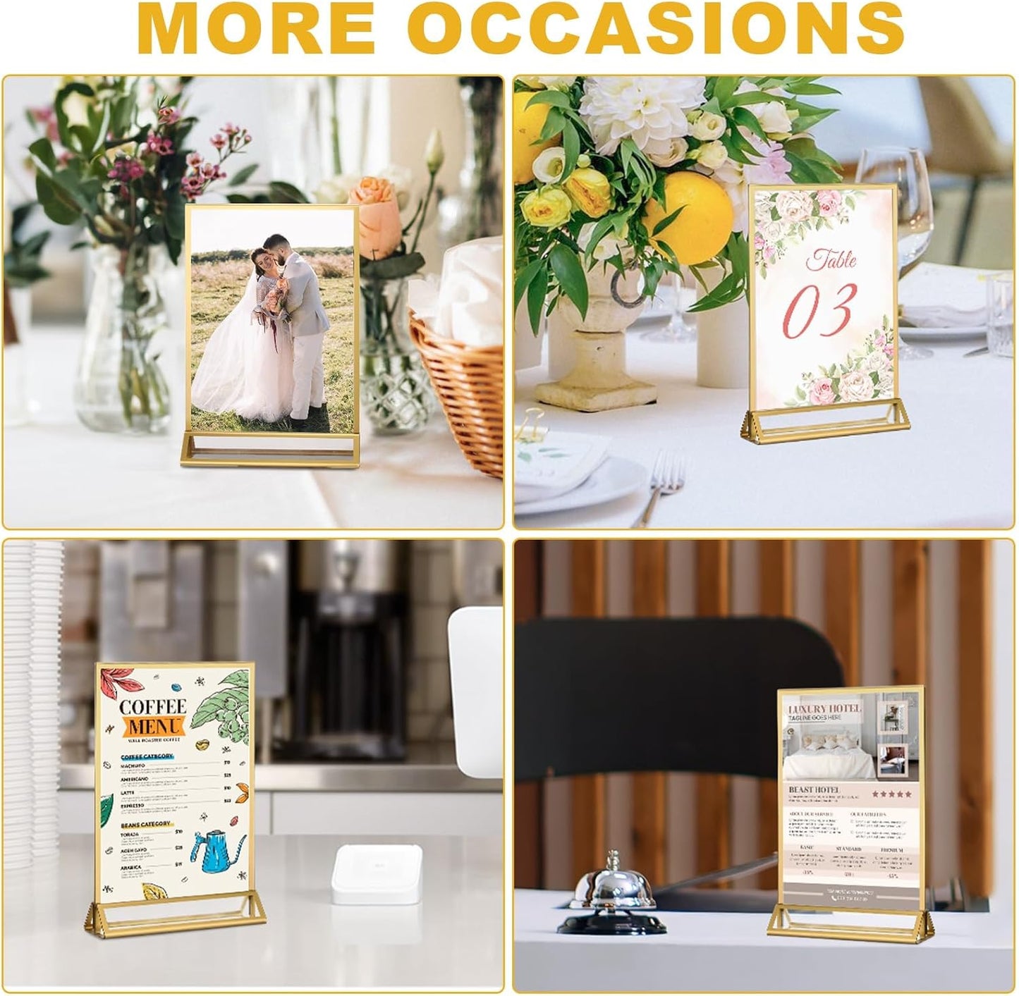 EHWINE 6 Pack Acrylic Sign Holder 5.5 x 8.5, Double Sided Gold Picture Frame Stand up Table Top Sign Holders, Clear Display Stand Menu Flyer Holder for Wedding Party