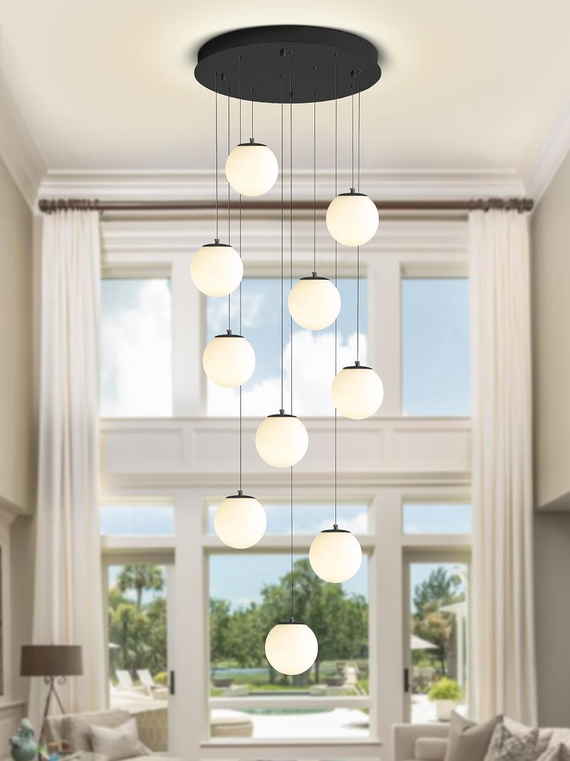 H118 Large Chandeliers for High Ceilings,12-Lights Mid Century Globe Chandelier Black Modern Globe Pendant Light for Entryway Villas and Stairs