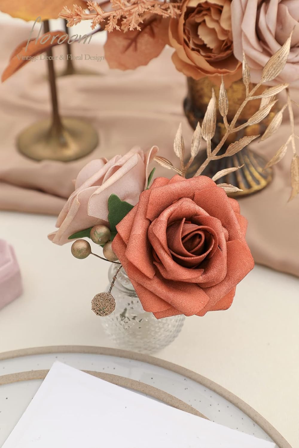 Floroom Artificial Flowers 25pcs Real Looking Terracotta Ombre Colors Foam Fake Roses with Stems for DIY Wedding Bouquets Bridal Shower Floral Centerpieces Party Tables Home Decorations