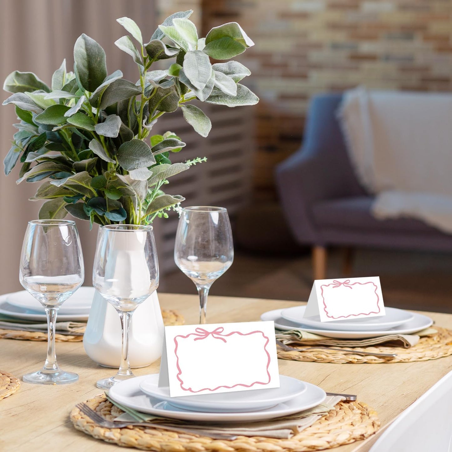 25 Pack Pink Bow Wave Place Cards, Editable Name Cards for Table Setting, Tent Cards Food Label for Dinner Party, Bridal Shower, Wedding, Baby Shower and Events -T14