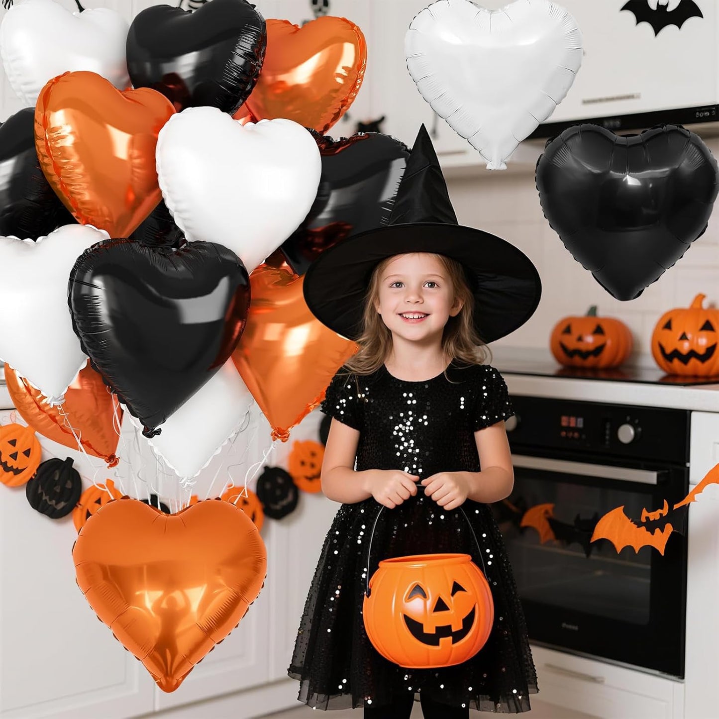 Black Orange Heart Balloons, 18 Inch Black White Orange Heart Foil Shape Balloon, 12PCS Large Love Helium Balloons for Birthday Graduation Halloween Thanksgiving Day Graduation Party Decorations