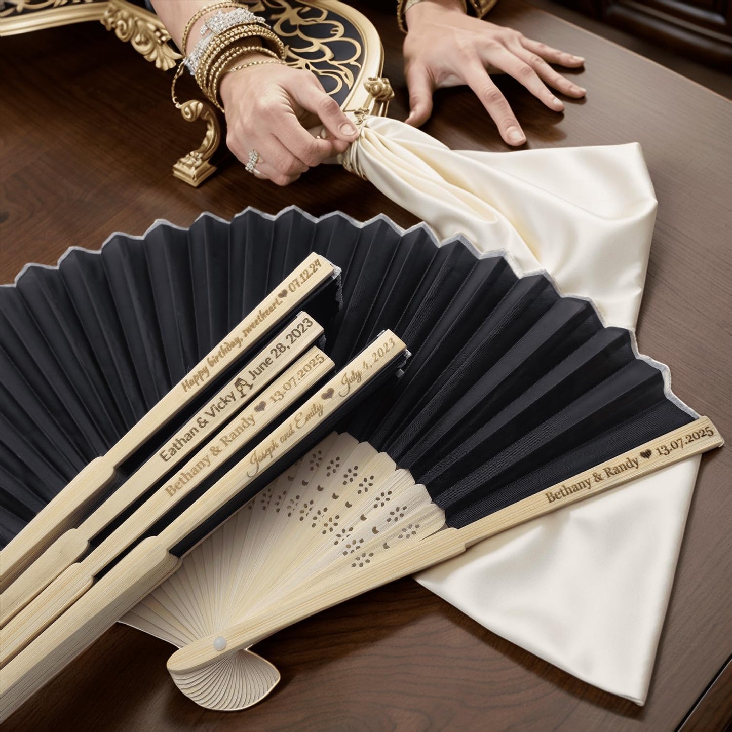 25Pcs Personalized Silk Fans Folding Hand Fan, Custom Wedding Bridal Party Favors, Summer Wedding Bride, Wedding Gift, Thank You Gift (Black)