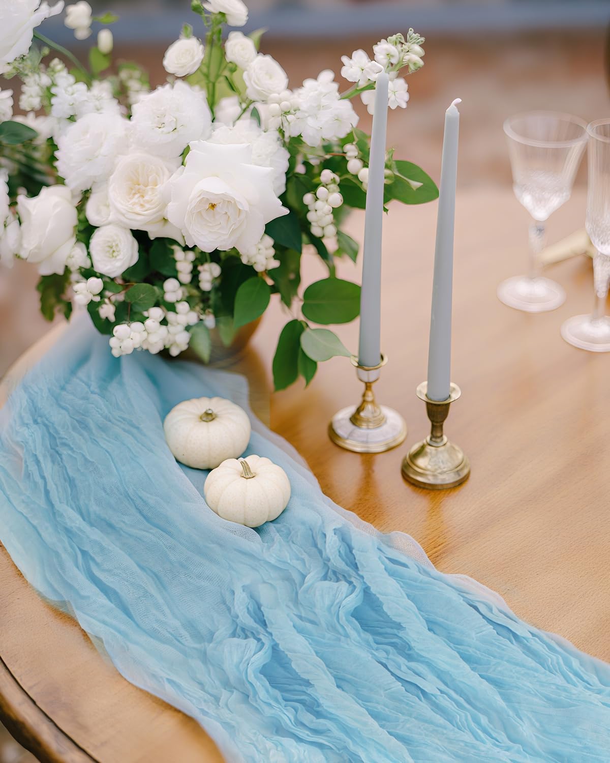 Blue Cheesecloth Table Runner 120 Inch, Light Blue Boho Gauze 10 FT, Rustic Cheese Cloth Table Runner for Wedding, Baby Bridal Shower, Birthday, Party, Holiday Decor Home Decorations