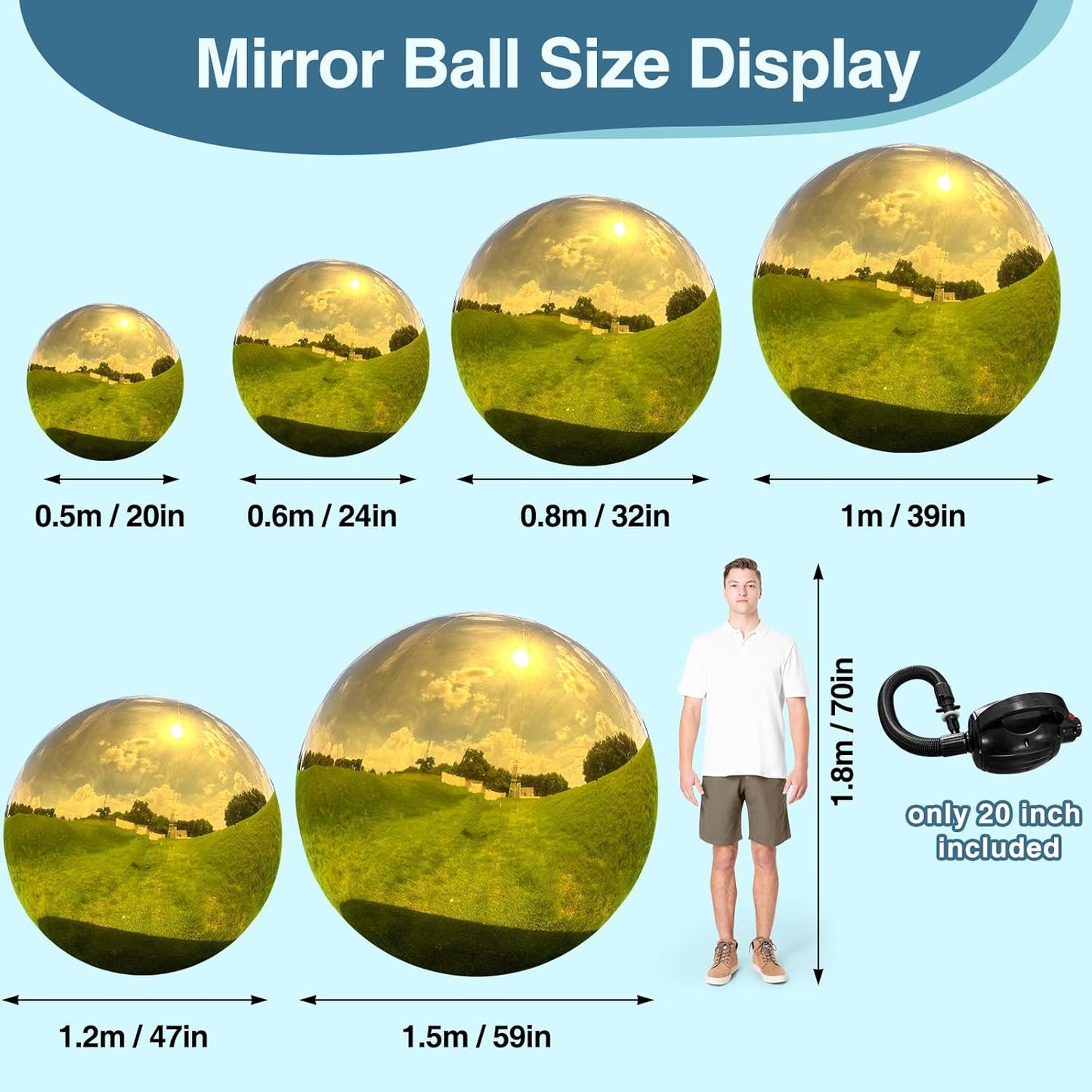 Inflatable Mirror Ball, Gold Big Shinny Balls Reusable Large PVC Disco Ball Balloon for Large Event Decoration, Party, Wedding Decor, Concerts, Stage (1 Pcs, 1.5m/59in Without Air Pump)