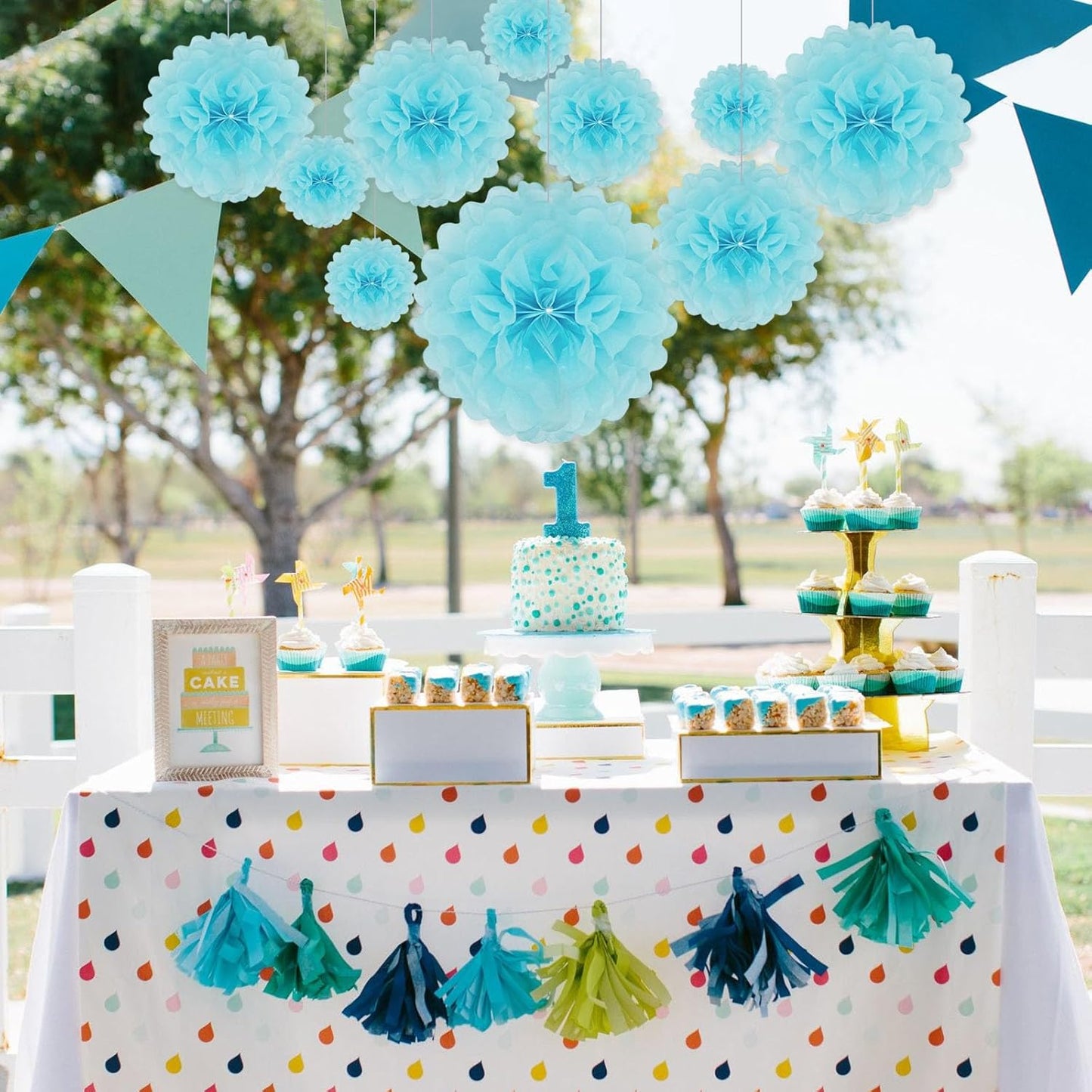 Tissue Paper Pom Poms, Light Blue Tissue Paper Flowers, Hanging Flower Balls for Weddings Fiesta Parties Birthday Baby Showers Classroom Bridal Shower Decoration (20Piece Set-6/10/12/14Inch)