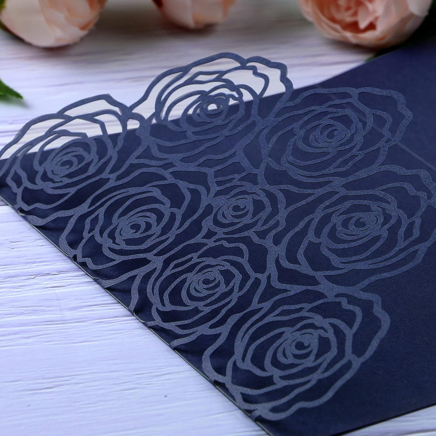 20 Pcs Laser Cut Wedding Invitations Card Pocket with Envelope for Birthday Party Baby or Bride Shower Invite suitable for 5 * 7 Inches Insert Paper (Dark Blue)