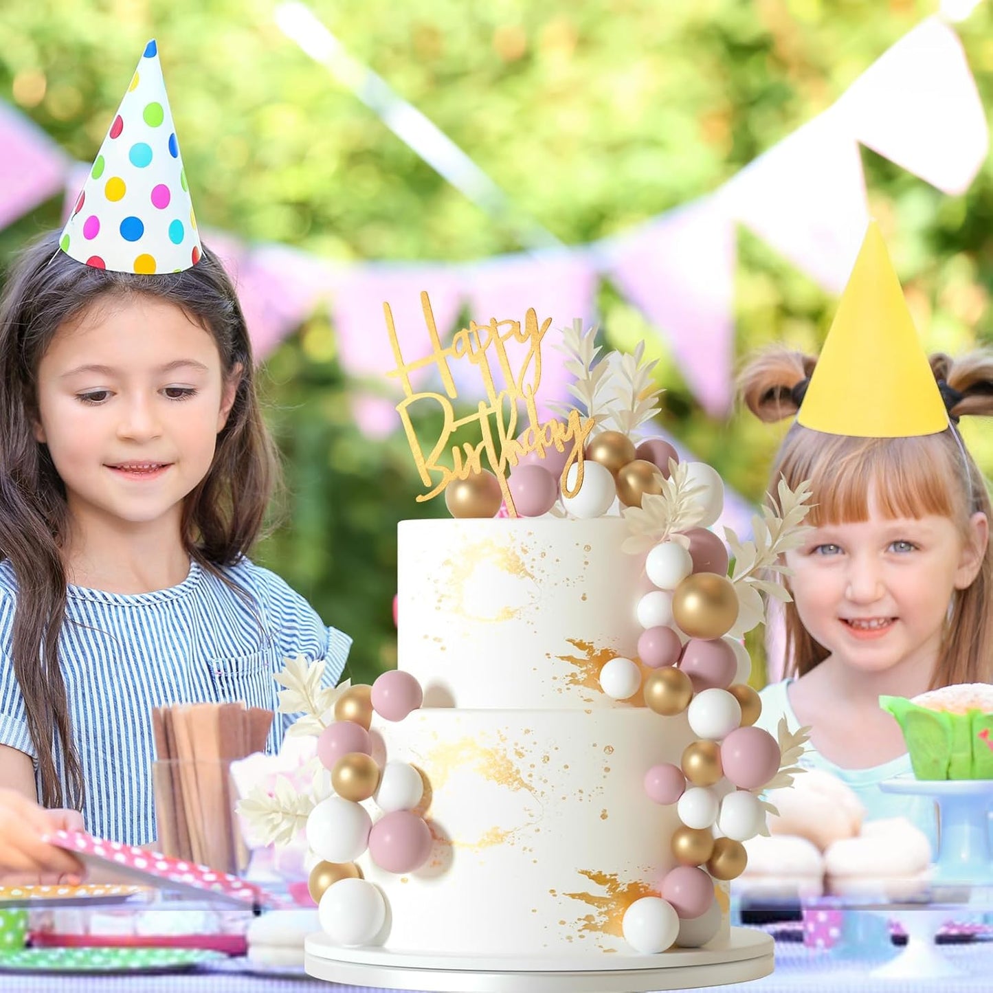 MIAHART Ball Cake Toppers Boho Grass Cake Topper Ball Cake Insert Decoration for Birthday Wedding Baby Shower Party Decorations Boho Themed Party Supplies (white,gold,pink)