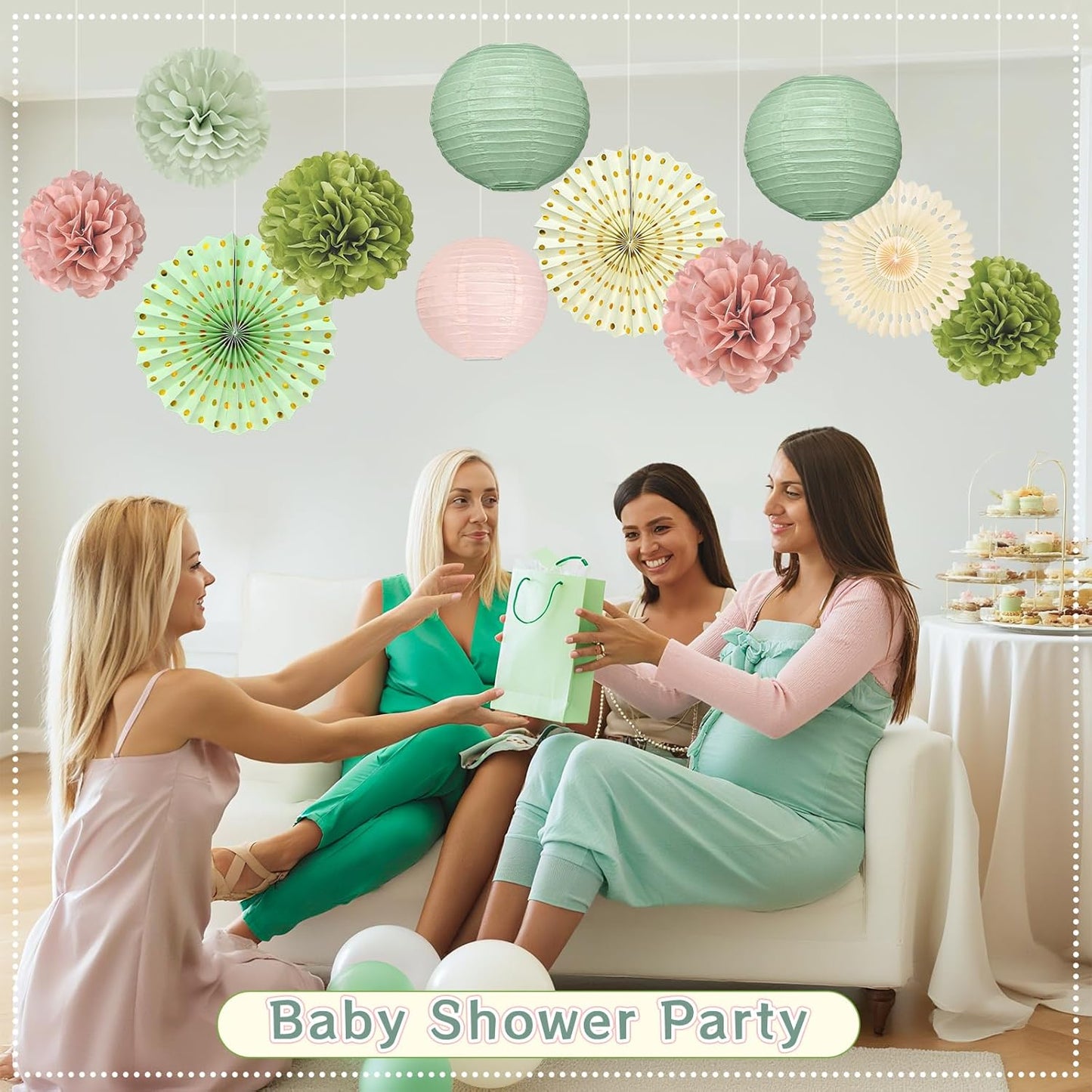 15Pcs Sage Green Party Decorations, Hanging Paper Lanterns Paper Fans Tissue Flower Pom Poms for Women Girls Birthday Wedding Bridal Baby Shower Green and Pink Party Decorations