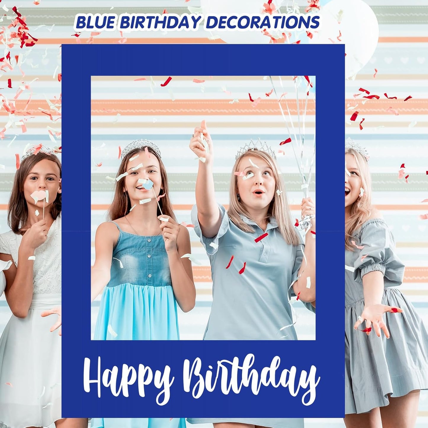 32 x 24 Inch Large Photo Booth Props Picture Frame Happy Birthday Party Frame DIY Cutouts Photo Booth Props Selfie for Party Supplies Favors(Blue White,Happy Birthday)