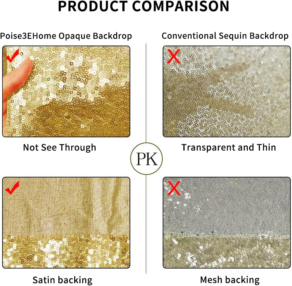 Poise3EHome 8Ft x 8Ft Gold Sequin Backdrop Curtain, Glitter Thick Satin Background Drapes, Sparkly Opaque Photography Curtain, Sequence Xmas Thanksgiving Backdrop for Wedding Party Holiday Decor