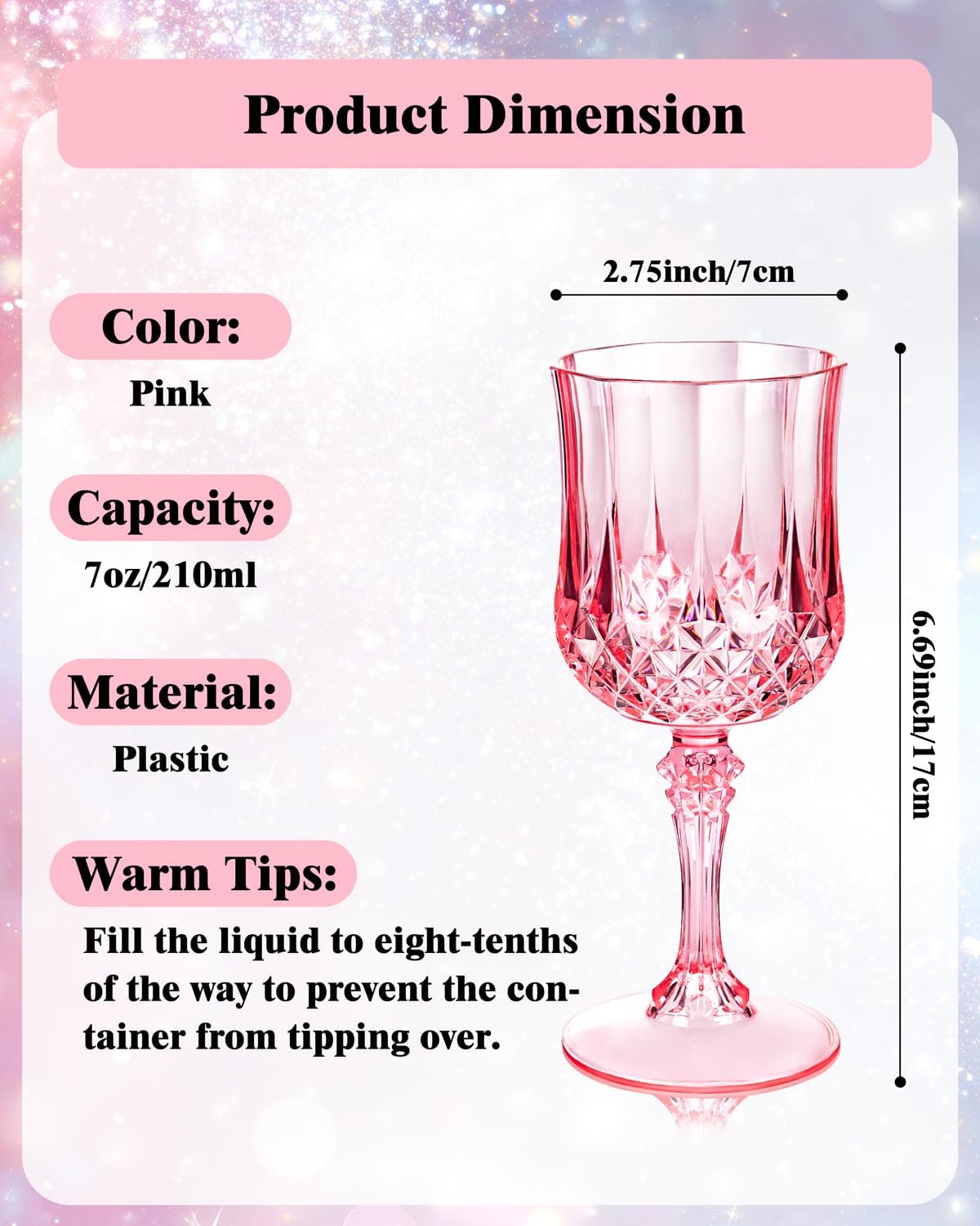 Ciaell 24PCS Pink Plastic Wine Glasses - 7 Oz Plastic Goblets for Party - Pink Vintage Drinking Glasses - Disposable Water Goblets Set for Wedding, Bar, Wine, Beer, Juice, Cocktail, Whiskey