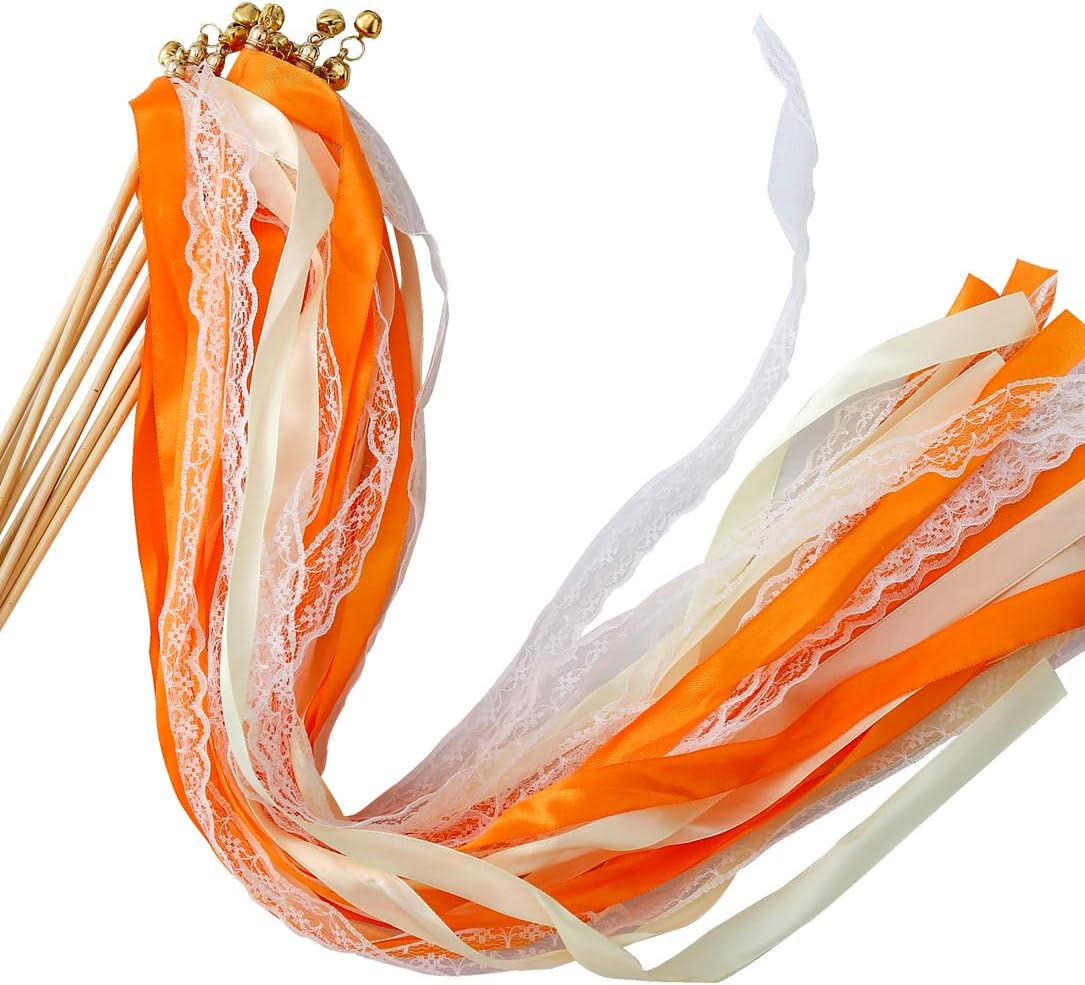 30pcs Lace Ribbon Stick Wands Christmas Birthday Party Streamers Wands Fairy Stick for Wedding Activities (Orange+Lace)