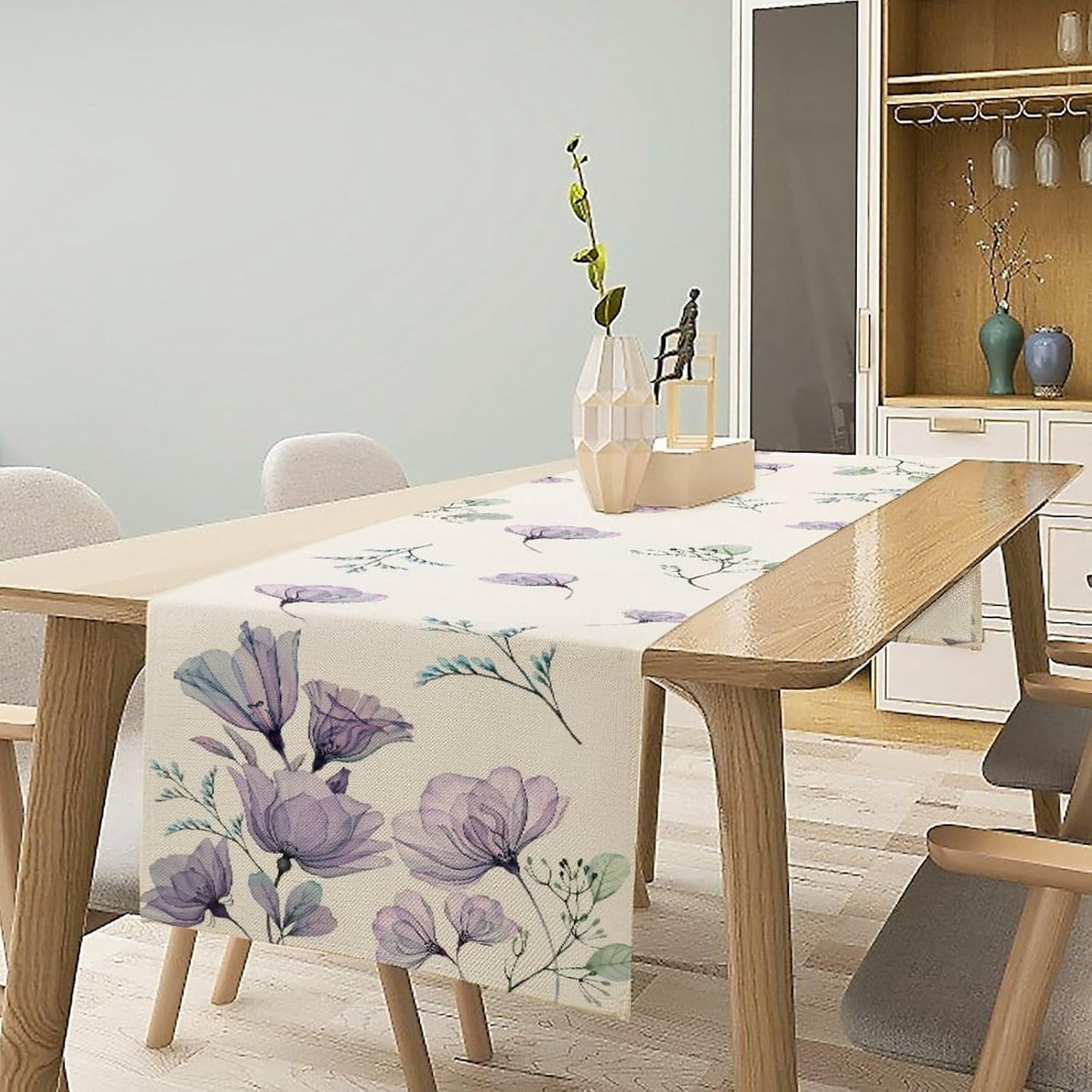 Poppy Flower Table Runner, Watercolor Purple Floral Leaves Seasonal Spring Summer Table Runner for Kitchen Dinning Table Runner Decor Home Wedding Party Holiday, 13x36 Inch