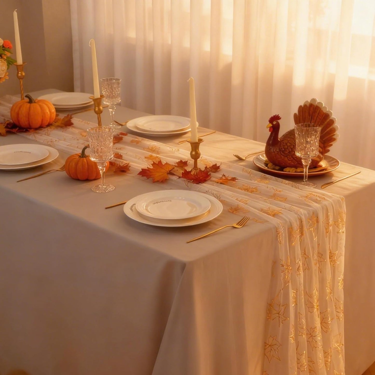 Snowkingdom Fall Table Runner, 10ft Gold Maple Leaves Gauze Chiffon Table Runners, Thanksgiving Decoration Sheer Cheesecloth Runner for Autumn Harvest Glitter White Sparkle Dining Party Decor 120 Inch