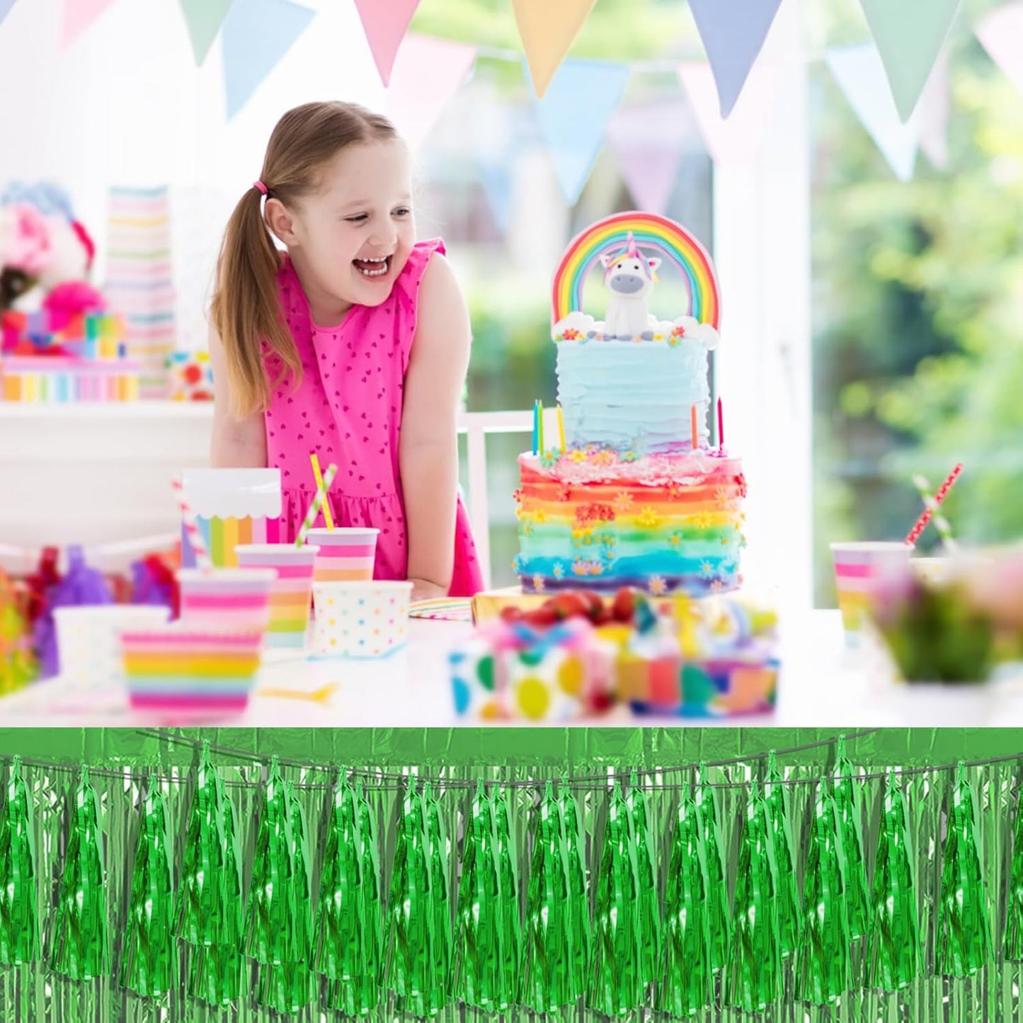 3P Green Foil Fringe Metallic Tassel Streamers Banner Tassel Garland for Parade Floats, Bachelorette, Wedding, Birthday, Halloween, Christmas, Bridal/Baby Shower Party Decorations