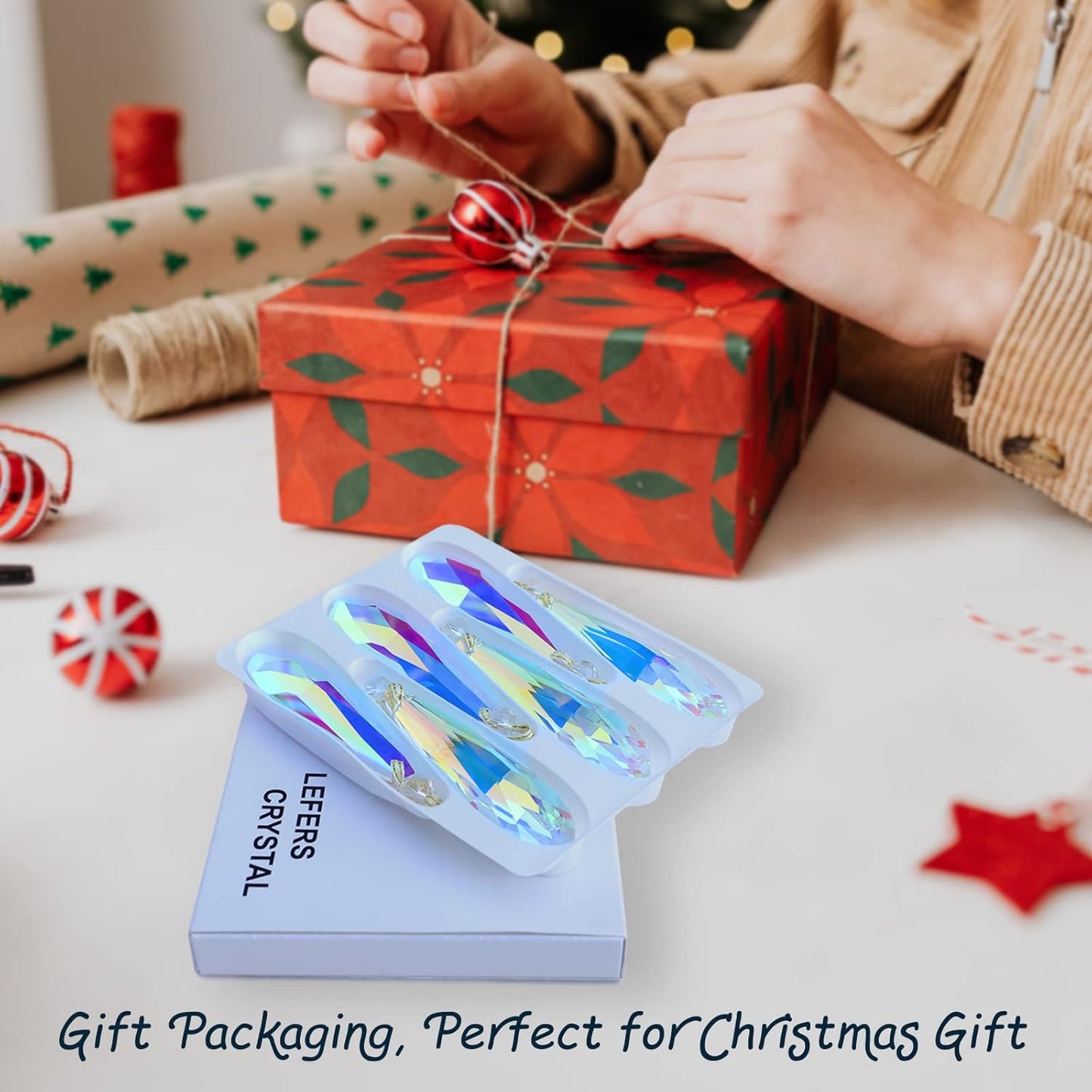 Crystal Glass Christmas Ornaments, 6Pcs Teardrop Prism Hanging Crystals for Christmas Tree,Centerpieces,Wedding,Party Decor (Crystal AB)