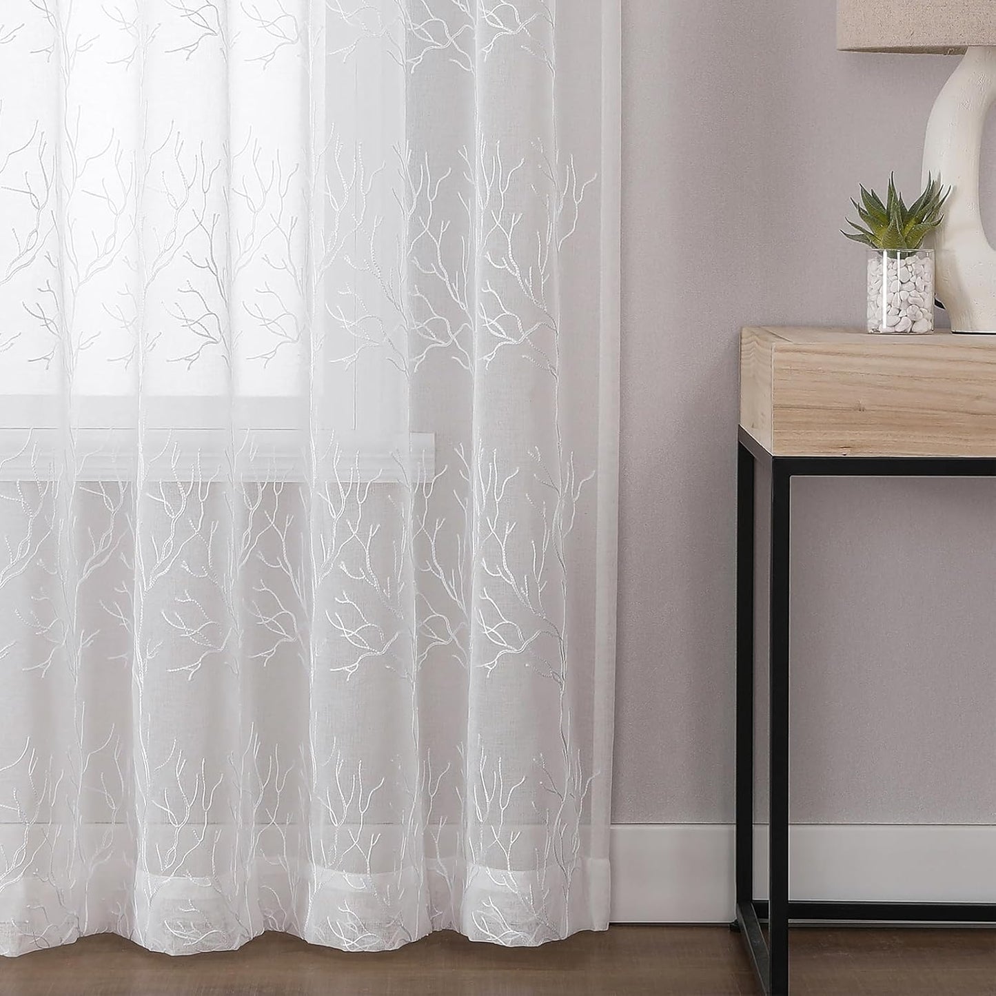 VISIONTEX Sheer Curtains 63 inch Length 2 Panels Set, Decorative White Coral Embroidery, Rod Pocket Embroidered Window Drapes for Living Room and Bedroom, 54" x 63"
