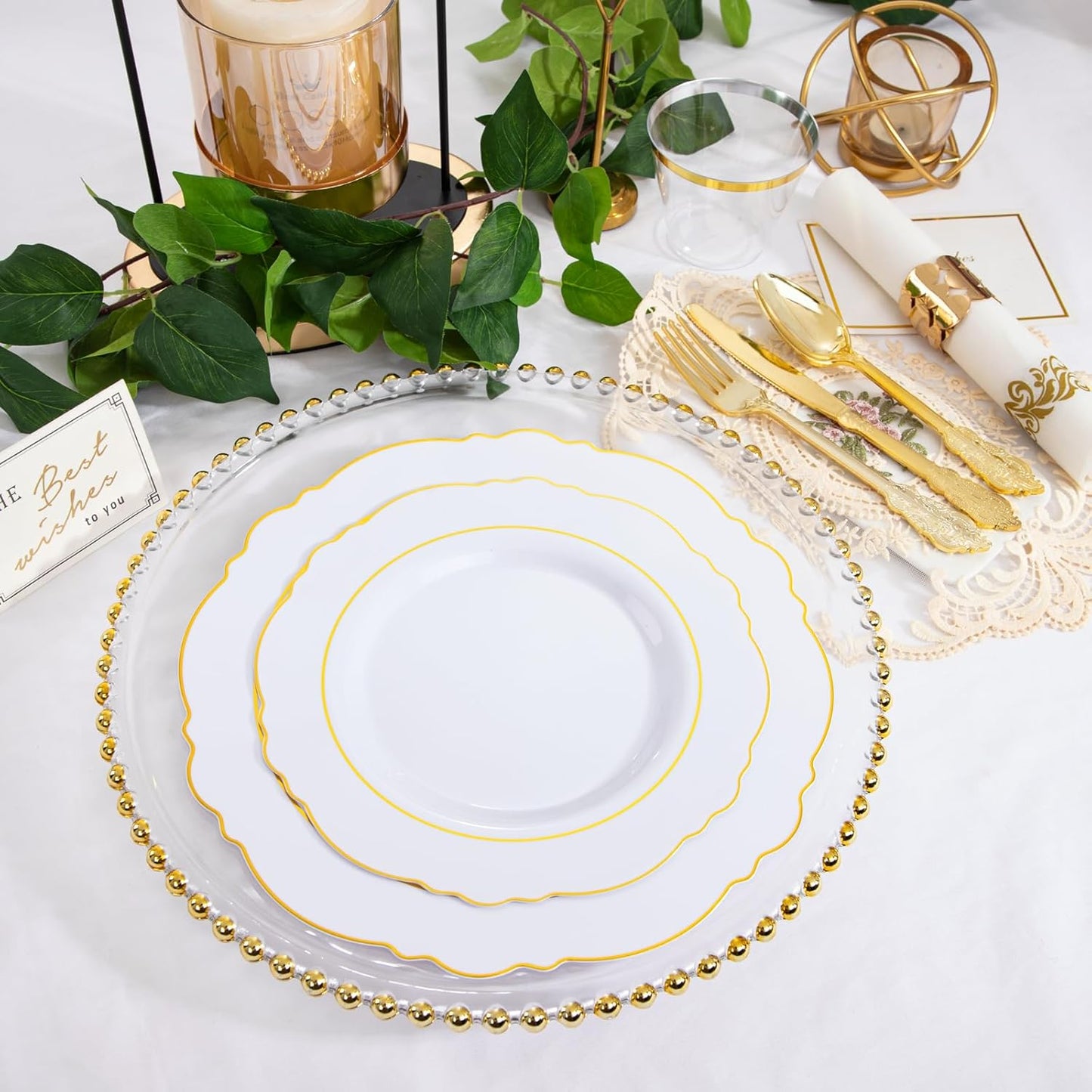 350 Pieces Gold Disposable Plates for 50 Guests, Plastic Plates for Party, Dinnerware Set of 50 Dinner Plates, 50 Salad Plate, 50 Spoons, 50 Forks, 50 Knives, 50 Cups for Thanksgiving