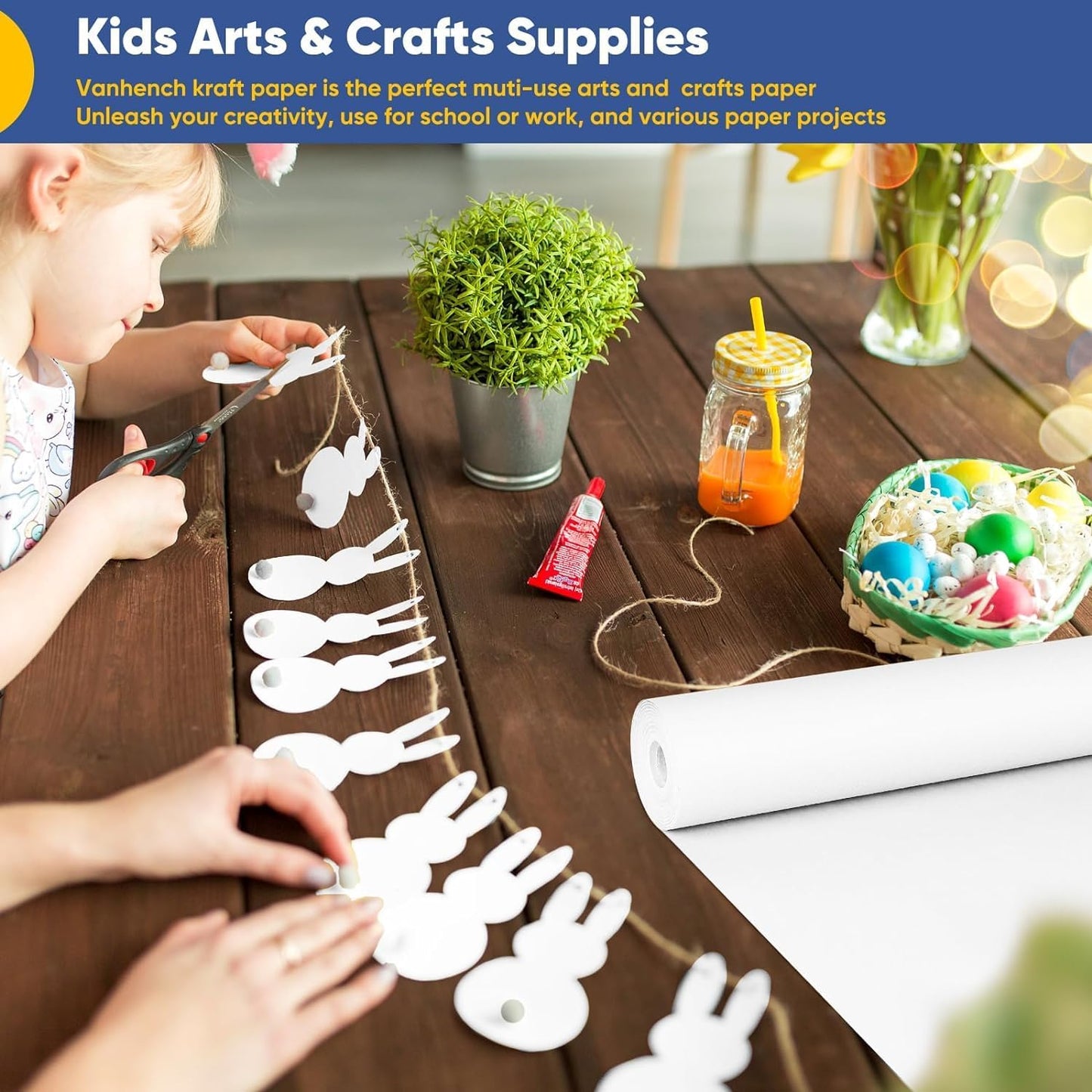 Vanhench White Wrapping Paper Roll 39"×1200" (100FT), Bulletin Board Paper, Arts & Crafts, Bouquet Flower Paper, Painting Drawing Paint Easel Poster Chart Paper, Classroom Art Supplies 70GSM 50LB